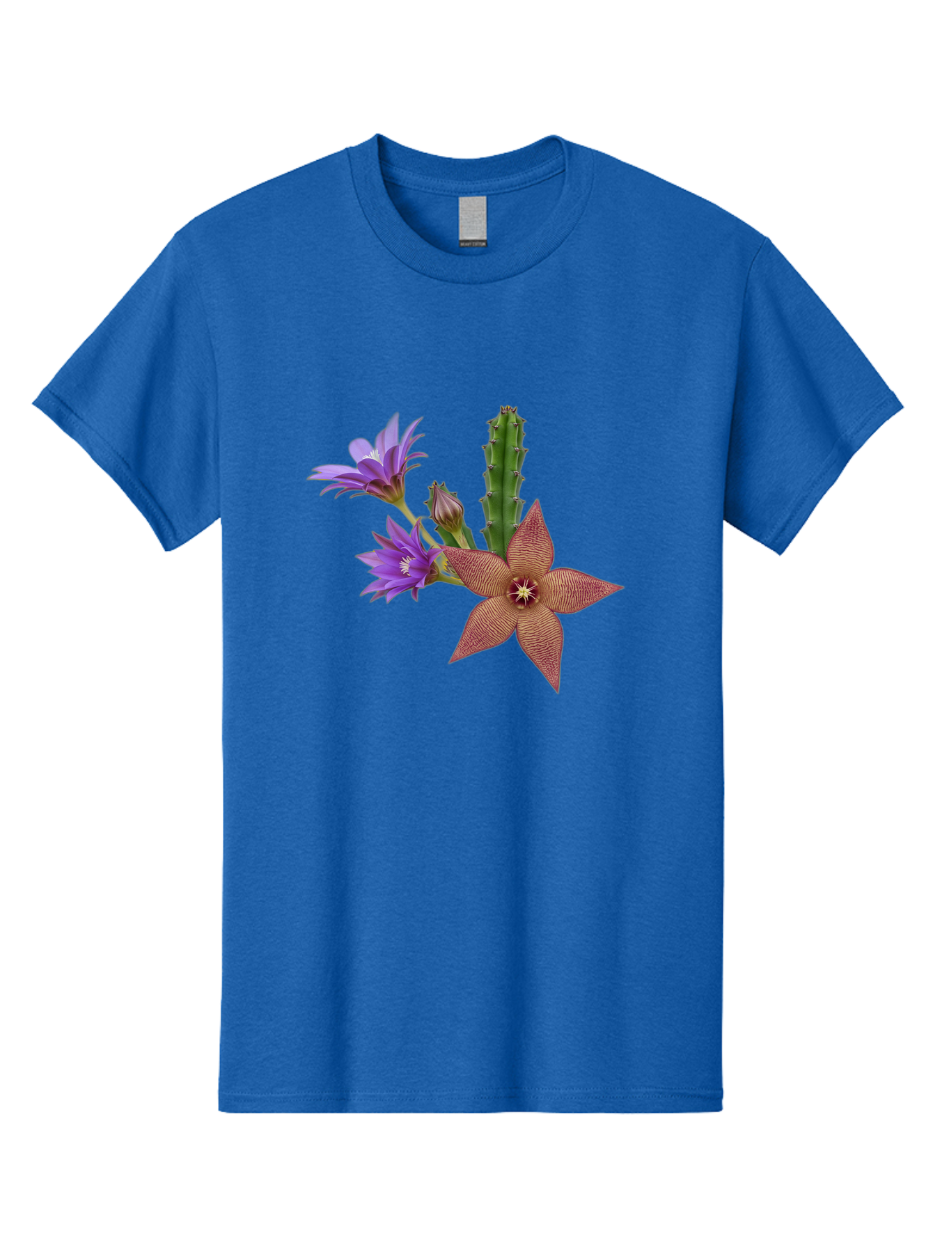 Stapelia-Grandiflora Men'S Graphic Tee, 100% Cotton, Comfortable Casual Summer Wear, Machine Washable, Starfish Cactus, Carrion Flowers, Succulent Plant, Exotic Blooms, Desert Flora, Unusual Flowers, Purple And Brown Petals, Unique Texture, Bad701