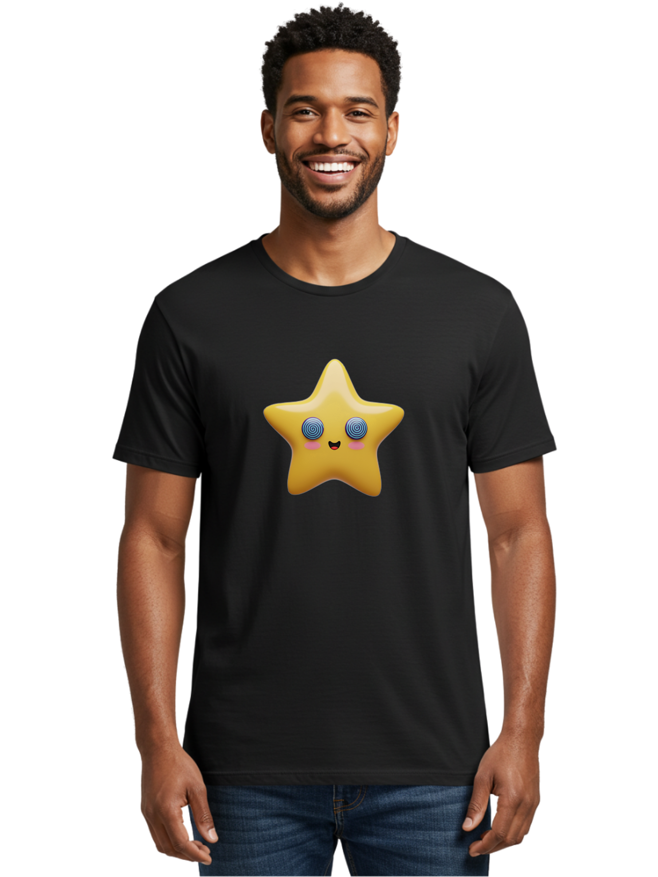 Star-Character Men'S Graphic Tee, 100% Cotton, Comfortable Casual Summer Wear, Machine Washable, Cartoon Star, Cute Face, Spiral Eyes, Smiling Mouth, Rosy Cheeks, Yellow Star, Kawaii Character, Fun Design, Playful Graphics, Bad702
