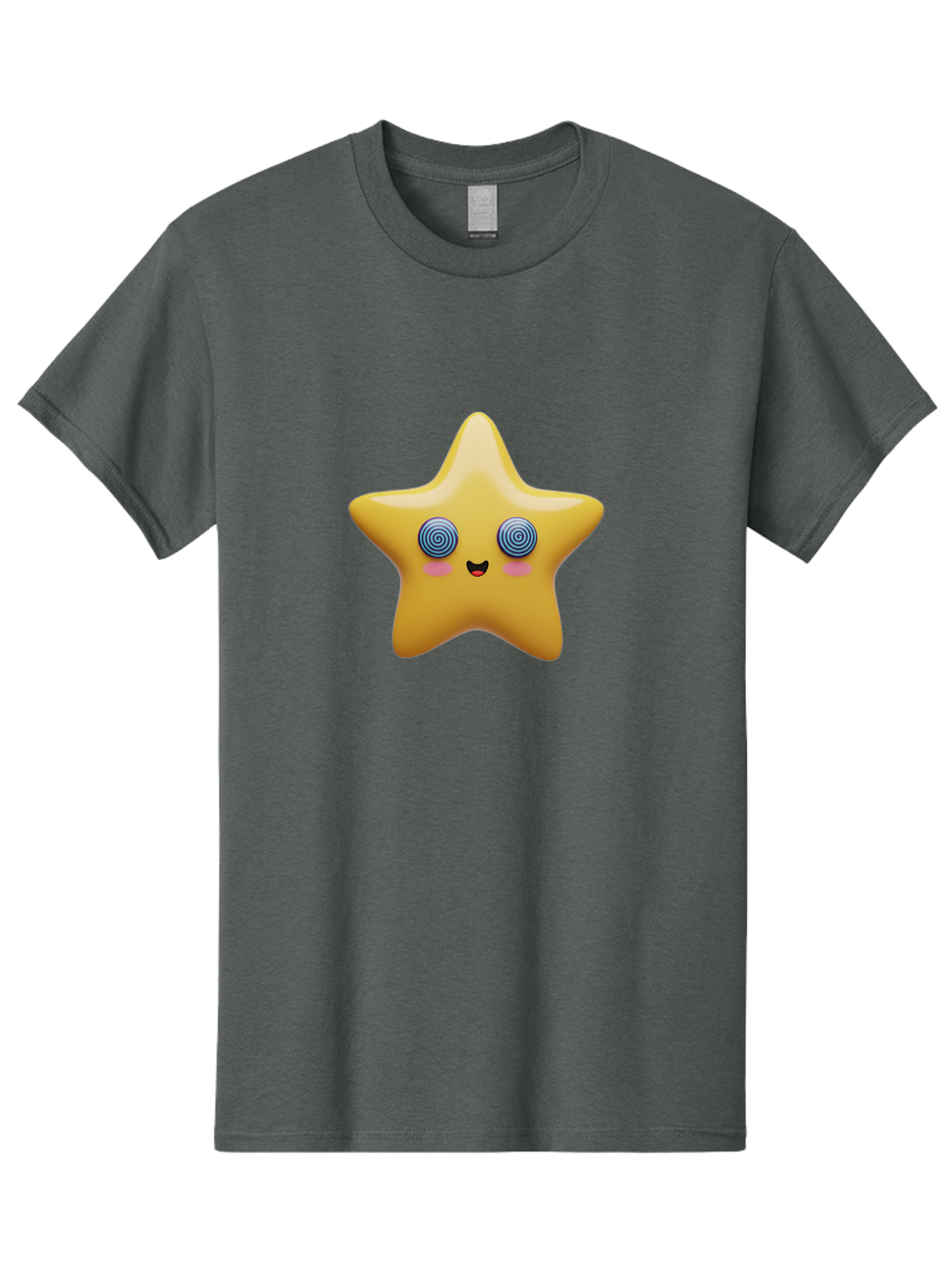 Star-Character Men'S Graphic Tee, 100% Cotton, Comfortable Casual Summer Wear, Machine Washable, Cartoon Star, Cute Face, Spiral Eyes, Smiling Mouth, Rosy Cheeks, Yellow Star, Kawaii Character, Fun Design, Playful Graphics, Bad702