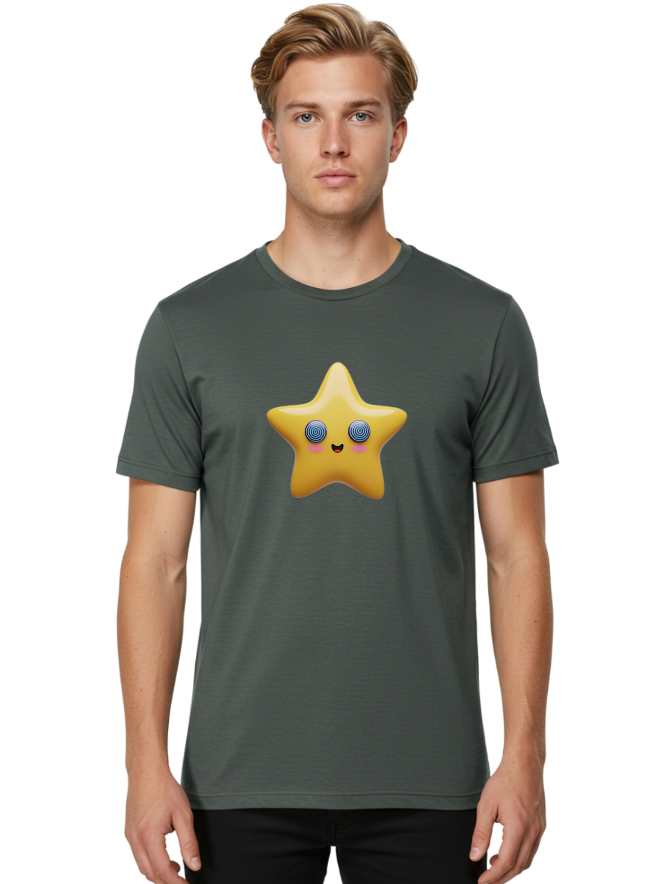 Star-Character Men'S Graphic Tee, 100% Cotton, Comfortable Casual Summer Wear, Machine Washable, Cartoon Star, Cute Face, Spiral Eyes, Smiling Mouth, Rosy Cheeks, Yellow Star, Kawaii Character, Fun Design, Playful Graphics, Bad702
