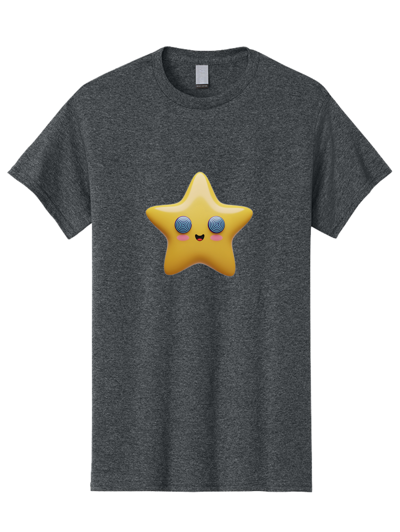 Star-Character Men'S Graphic Tee, 100% Cotton, Comfortable Casual Summer Wear, Machine Washable, Cartoon Star, Cute Face, Spiral Eyes, Smiling Mouth, Rosy Cheeks, Yellow Star, Kawaii Character, Fun Design, Playful Graphics, Bad702