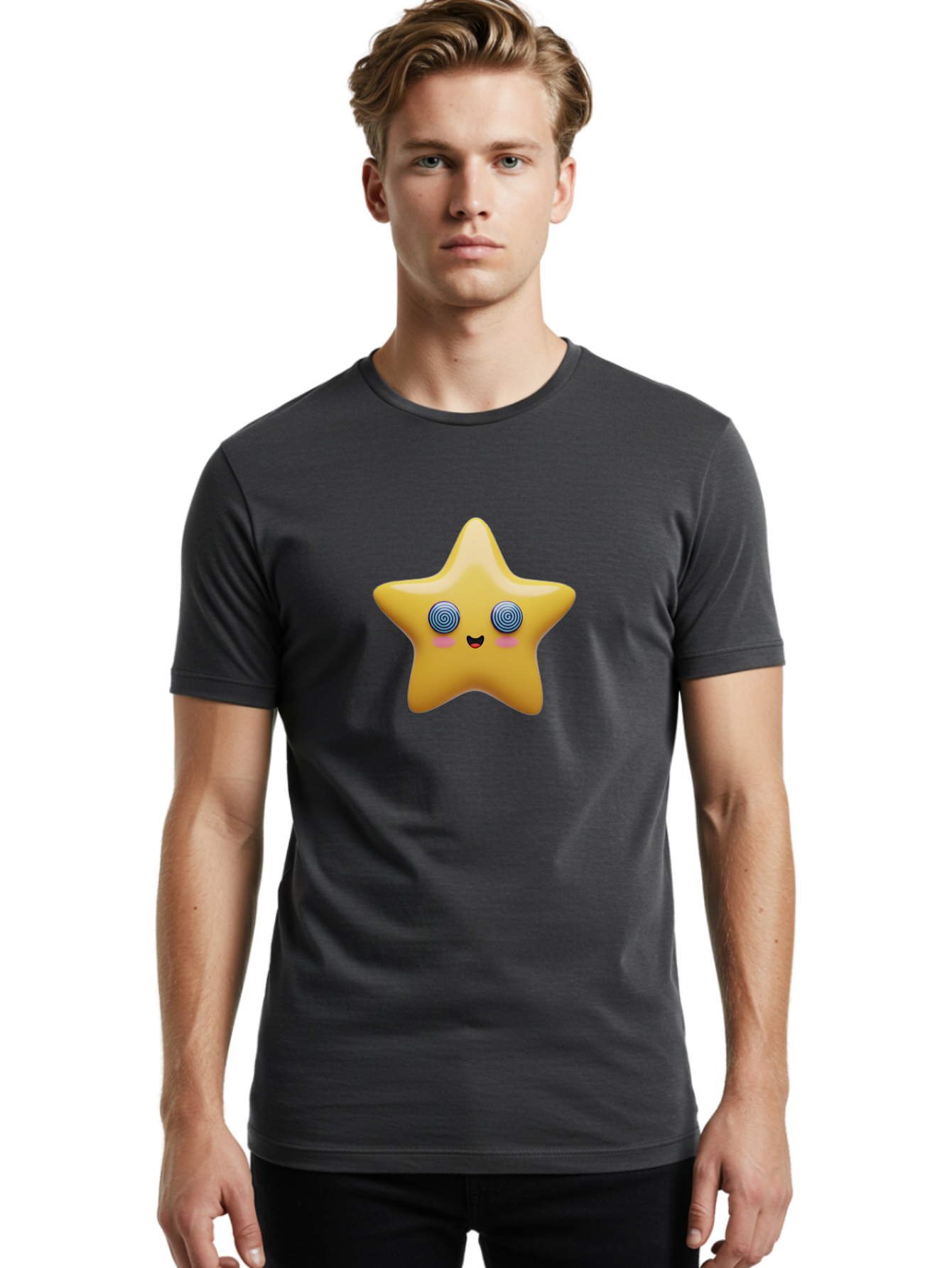 Star-Character Men'S Graphic Tee, 100% Cotton, Comfortable Casual Summer Wear, Machine Washable, Cartoon Star, Cute Face, Spiral Eyes, Smiling Mouth, Rosy Cheeks, Yellow Star, Kawaii Character, Fun Design, Playful Graphics, Bad702