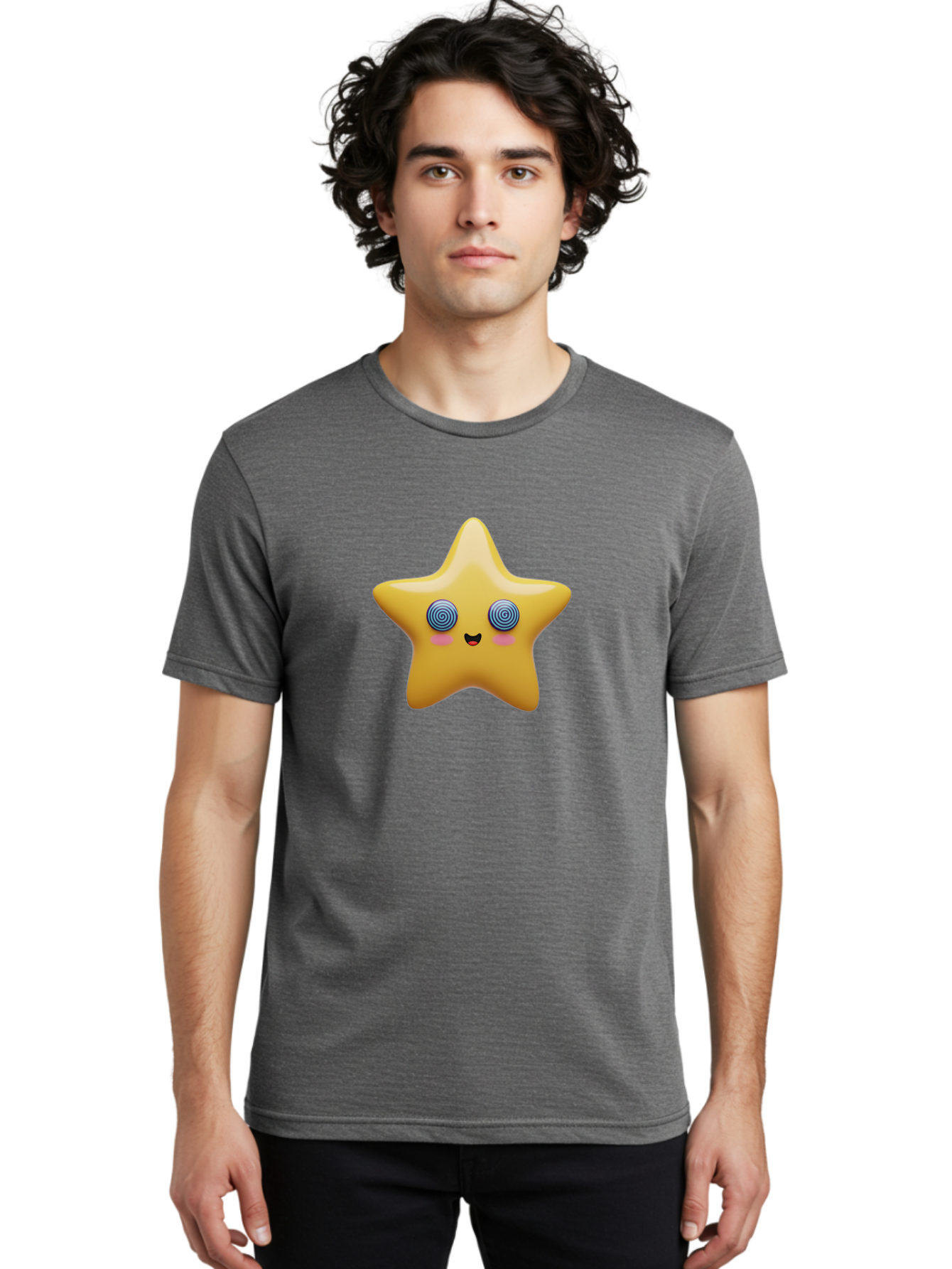 Star-Character Men'S Graphic Tee, 100% Cotton, Comfortable Casual Summer Wear, Machine Washable, Cartoon Star, Cute Face, Spiral Eyes, Smiling Mouth, Rosy Cheeks, Yellow Star, Kawaii Character, Fun Design, Playful Graphics, Bad702