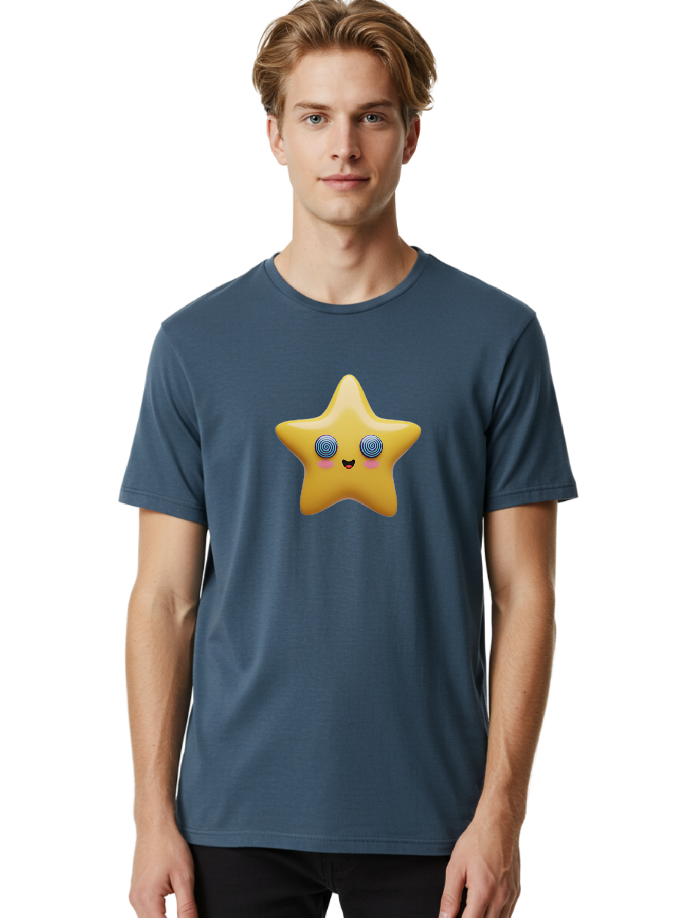 Star-Character Men'S Graphic Tee, 100% Cotton, Comfortable Casual Summer Wear, Machine Washable, Cartoon Star, Cute Face, Spiral Eyes, Smiling Mouth, Rosy Cheeks, Yellow Star, Kawaii Character, Fun Design, Playful Graphics, Bad702