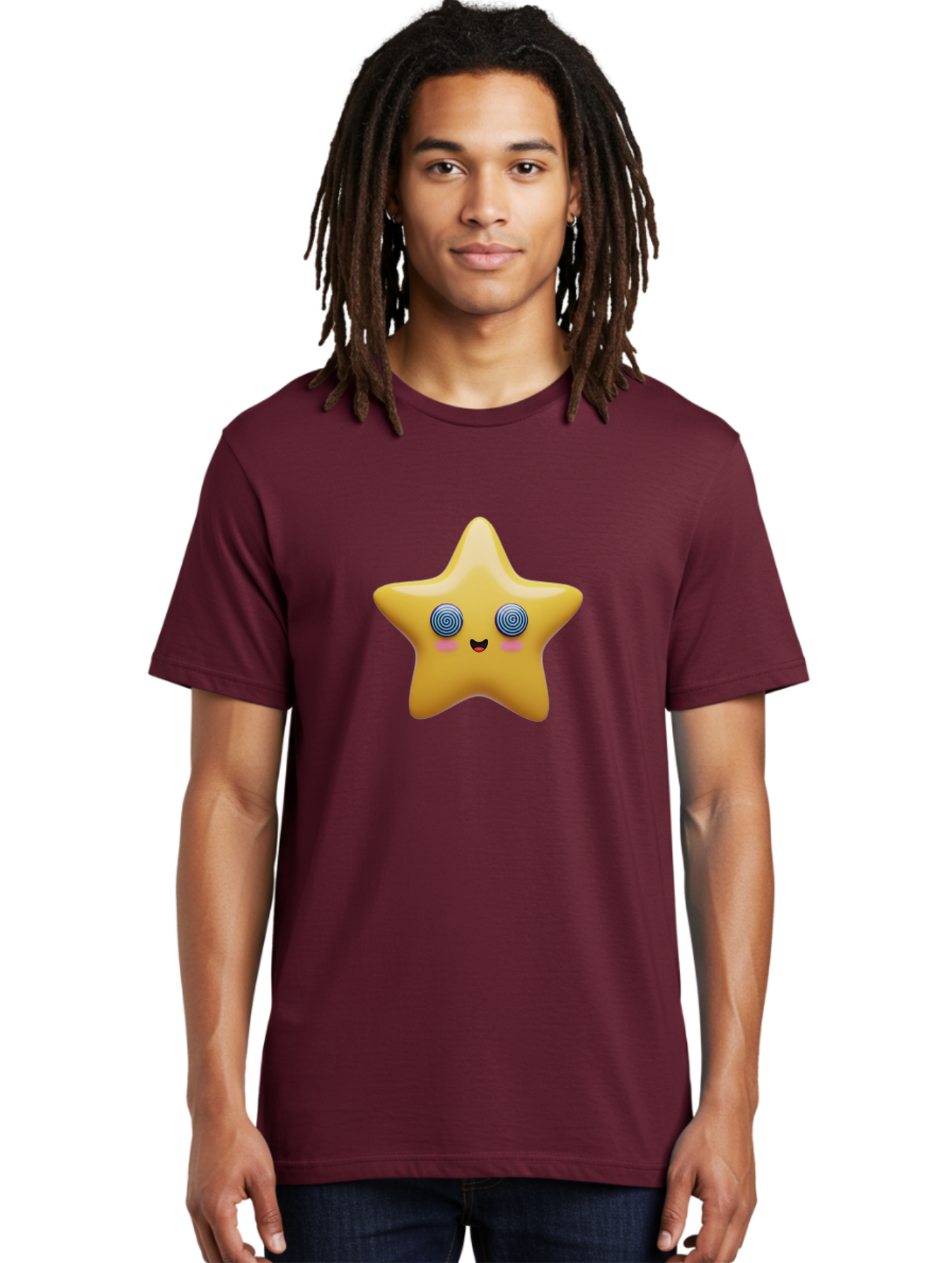 Star-Character Men'S Graphic Tee, 100% Cotton, Comfortable Casual Summer Wear, Machine Washable, Cartoon Star, Cute Face, Spiral Eyes, Smiling Mouth, Rosy Cheeks, Yellow Star, Kawaii Character, Fun Design, Playful Graphics, Bad702