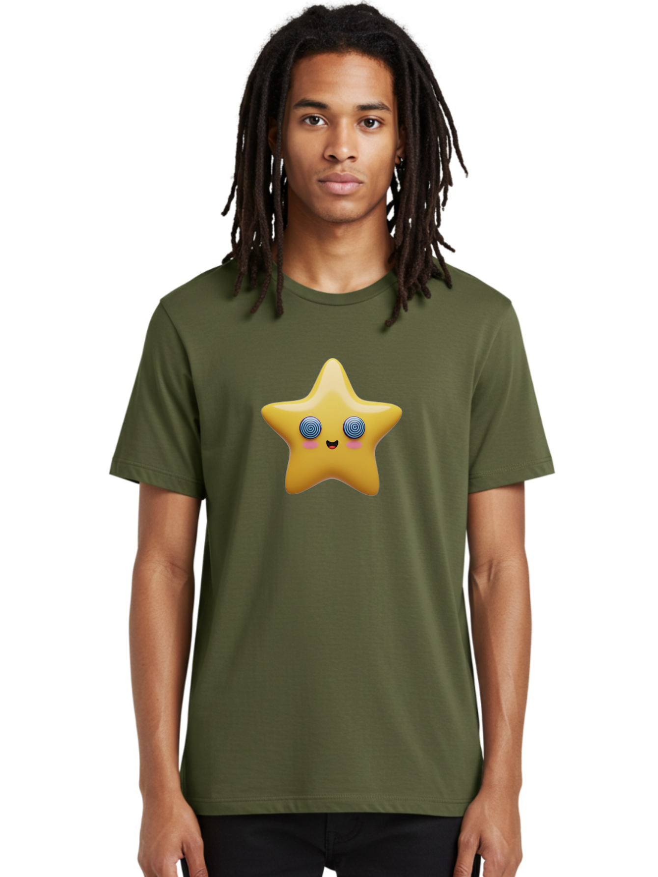 Star-Character Men'S Graphic Tee, 100% Cotton, Comfortable Casual Summer Wear, Machine Washable, Cartoon Star, Cute Face, Spiral Eyes, Smiling Mouth, Rosy Cheeks, Yellow Star, Kawaii Character, Fun Design, Playful Graphics, Bad702
