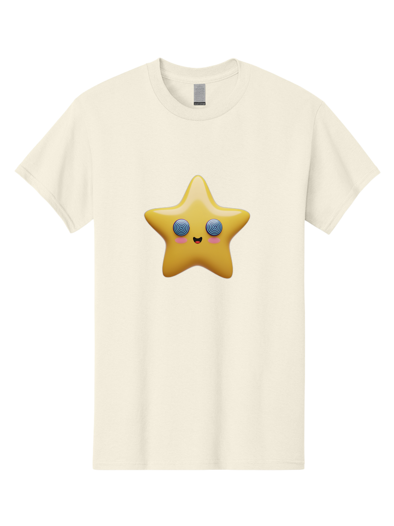 Star-Character Men'S Graphic Tee, 100% Cotton, Comfortable Casual Summer Wear, Machine Washable, Cartoon Star, Cute Face, Spiral Eyes, Smiling Mouth, Rosy Cheeks, Yellow Star, Kawaii Character, Fun Design, Playful Graphics, Bad702