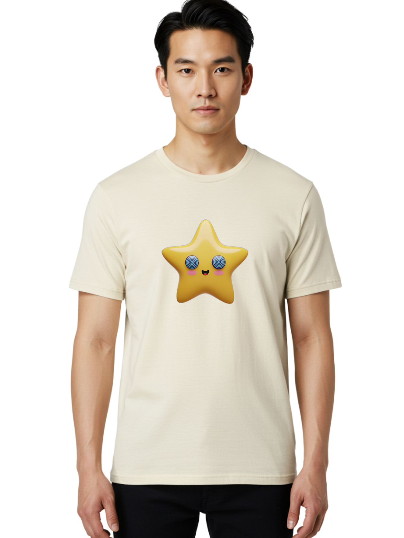 Star-Character Men'S Graphic Tee, 100% Cotton, Comfortable Casual Summer Wear, Machine Washable, Cartoon Star, Cute Face, Spiral Eyes, Smiling Mouth, Rosy Cheeks, Yellow Star, Kawaii Character, Fun Design, Playful Graphics, Bad702