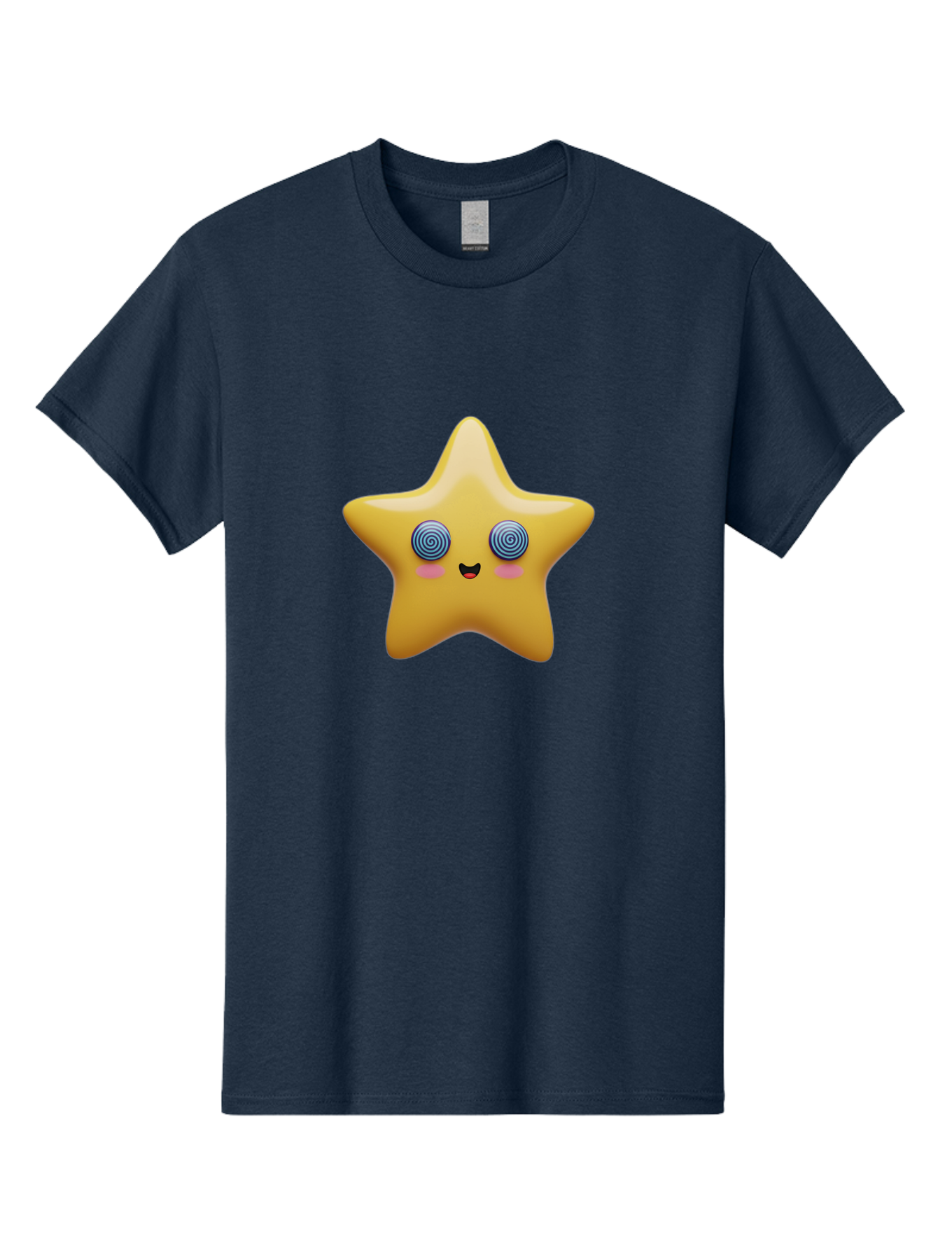 Star-Character Men'S Graphic Tee, 100% Cotton, Comfortable Casual Summer Wear, Machine Washable, Cartoon Star, Cute Face, Spiral Eyes, Smiling Mouth, Rosy Cheeks, Yellow Star, Kawaii Character, Fun Design, Playful Graphics, Bad702