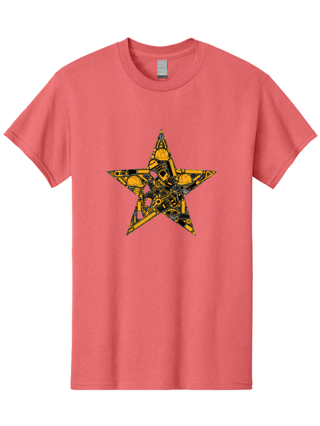 Star-Construction Men'S Graphic Tee, 100% Cotton, Comfortable Casual Summer Wear, Machine Washable, Construction Machinery, Yellow Hard Hats, Star Shape, Mechanical Parts, Industrial Equipment, Construction Industry, Engineering Tools Bad703