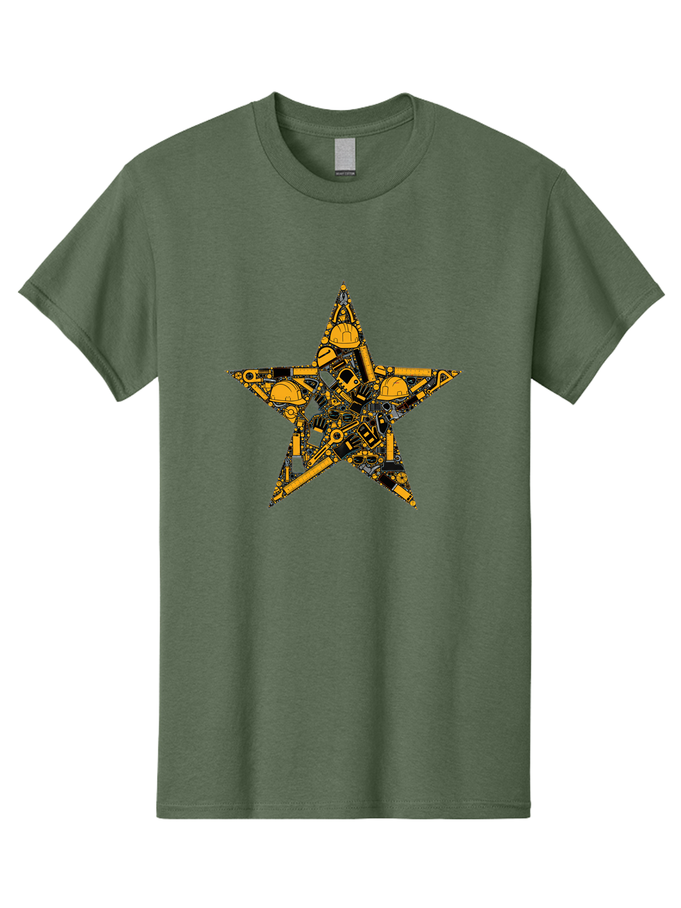 Star-Construction Men'S Graphic Tee, 100% Cotton, Comfortable Casual Summer Wear, Machine Washable, Construction Machinery, Yellow Hard Hats, Star Shape, Mechanical Parts, Industrial Equipment, Construction Industry, Engineering Tools Bad703
