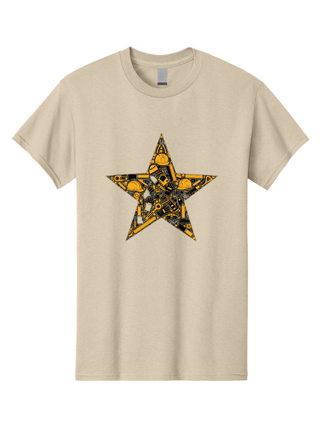 Star-Construction Men'S Graphic Tee, 100% Cotton, Comfortable Casual Summer Wear, Machine Washable, Construction Machinery, Yellow Hard Hats, Star Shape, Mechanical Parts, Industrial Equipment, Construction Industry, Engineering Tools Bad703
