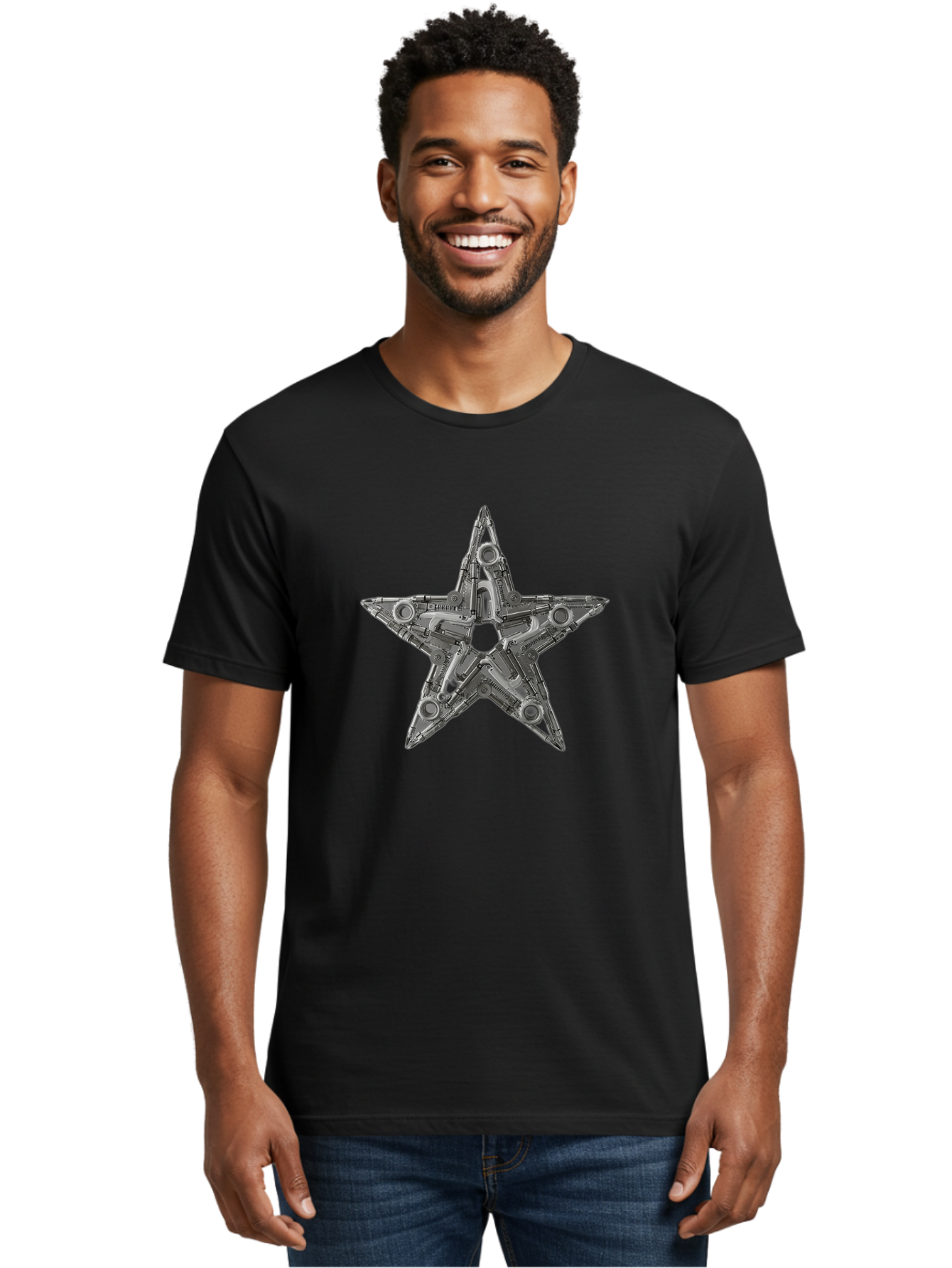 Star-Logo Men'S Graphic Tee, 100% Cotton, Comfortable Casual Summer Wear, Machine Washable, Metal Star Shape, Industrial Design, Mechanical Parts, Futuristic Elements, Metallic Details, Robotic Components, Sci-Fi Aesthetic, Star Symbol, Bad705