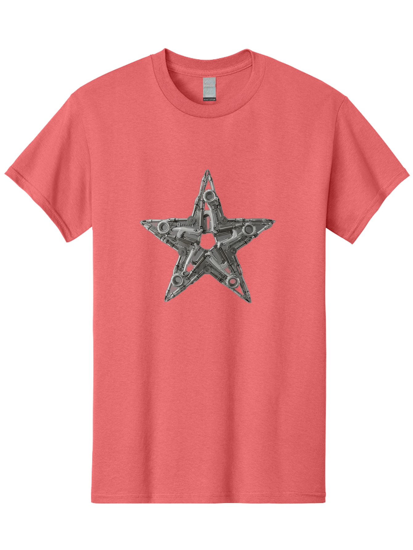 Star-Logo Men'S Graphic Tee, 100% Cotton, Comfortable Casual Summer Wear, Machine Washable, Metal Star Shape, Industrial Design, Mechanical Parts, Futuristic Elements, Metallic Details, Robotic Components, Sci-Fi Aesthetic, Star Symbol, Bad705