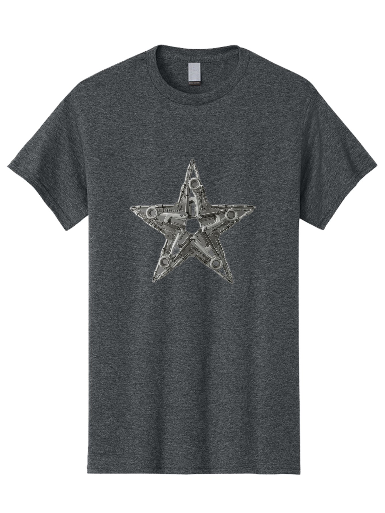 Star-Logo Men'S Graphic Tee, 100% Cotton, Comfortable Casual Summer Wear, Machine Washable, Metal Star Shape, Industrial Design, Mechanical Parts, Futuristic Elements, Metallic Details, Robotic Components, Sci-Fi Aesthetic, Star Symbol, Bad705