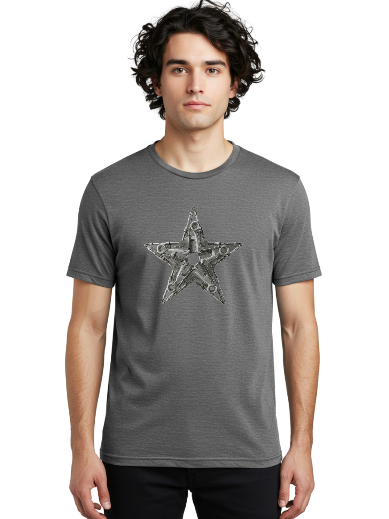 Star-Logo Men'S Graphic Tee, 100% Cotton, Comfortable Casual Summer Wear, Machine Washable, Metal Star Shape, Industrial Design, Mechanical Parts, Futuristic Elements, Metallic Details, Robotic Components, Sci-Fi Aesthetic, Star Symbol, Bad705