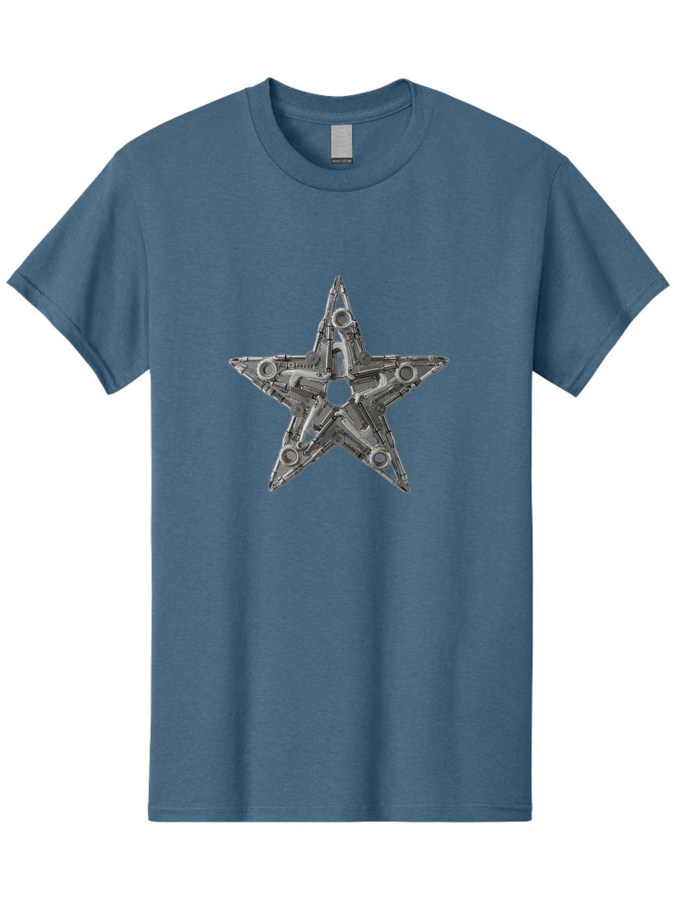 Star-Logo Men'S Graphic Tee, 100% Cotton, Comfortable Casual Summer Wear, Machine Washable, Metal Star Shape, Industrial Design, Mechanical Parts, Futuristic Elements, Metallic Details, Robotic Components, Sci-Fi Aesthetic, Star Symbol, Bad705