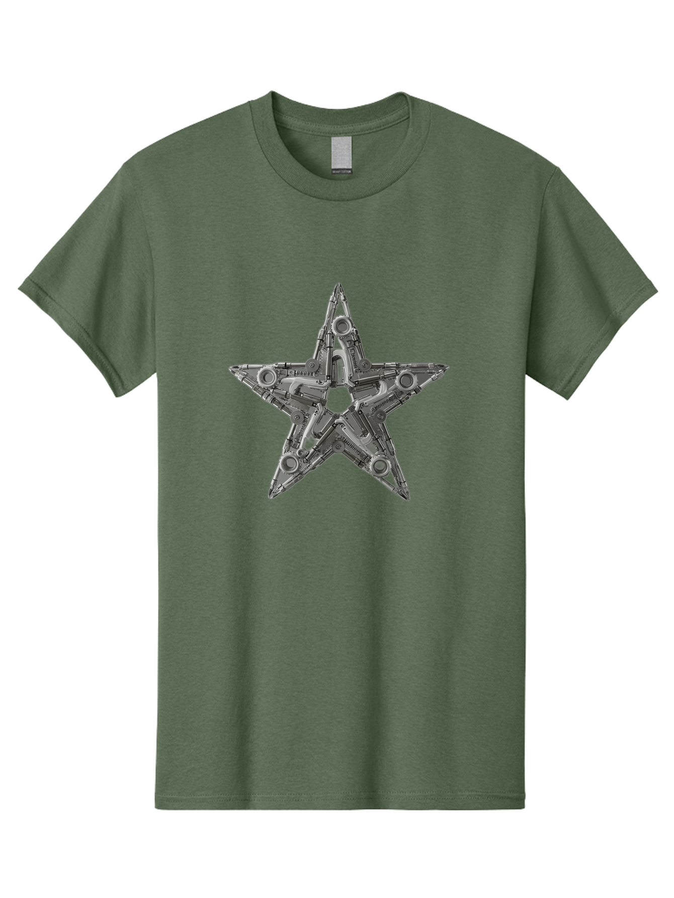 Star-Logo Men'S Graphic Tee, 100% Cotton, Comfortable Casual Summer Wear, Machine Washable, Metal Star Shape, Industrial Design, Mechanical Parts, Futuristic Elements, Metallic Details, Robotic Components, Sci-Fi Aesthetic, Star Symbol, Bad705