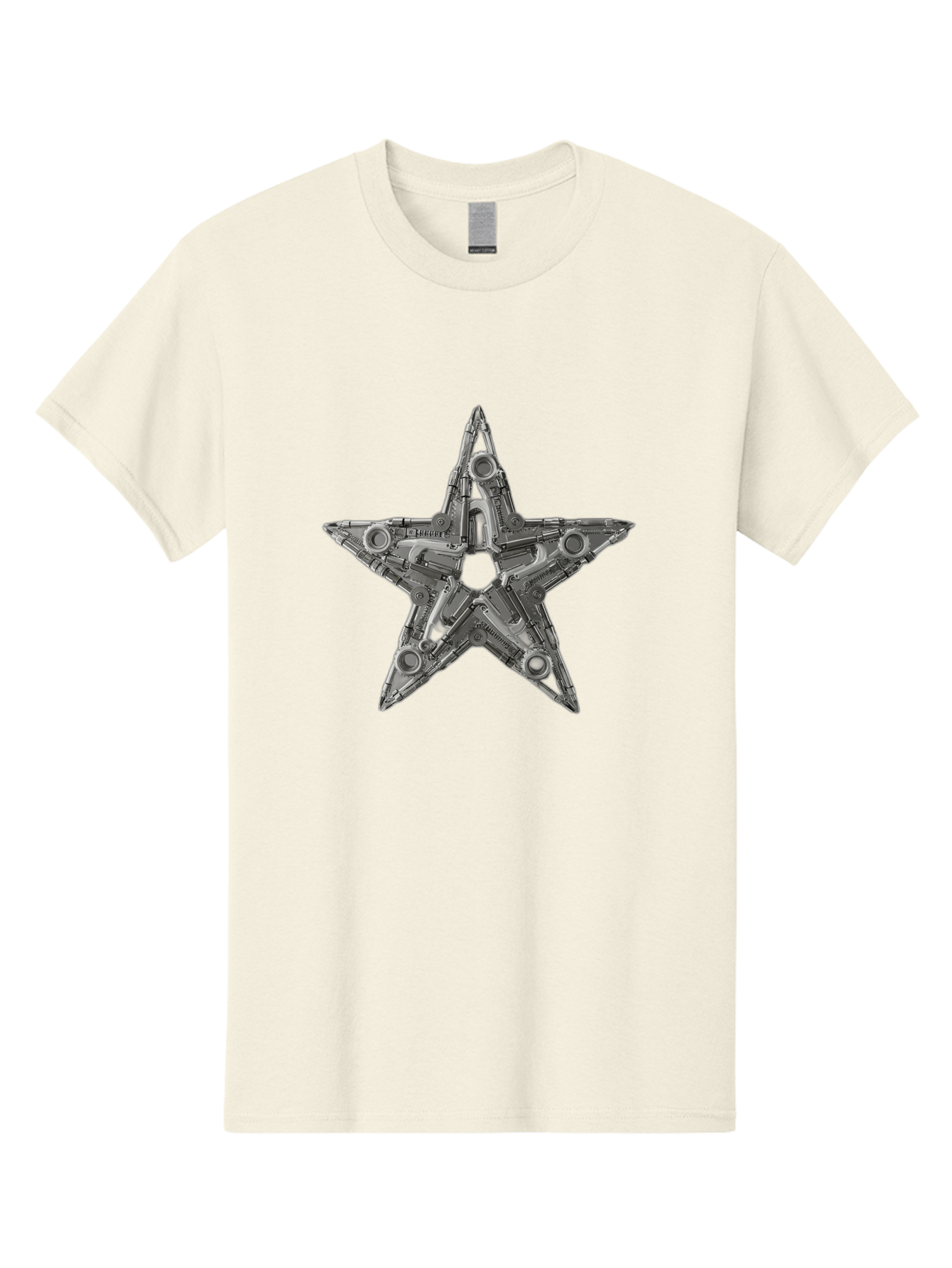 Star-Logo Men'S Graphic Tee, 100% Cotton, Comfortable Casual Summer Wear, Machine Washable, Metal Star Shape, Industrial Design, Mechanical Parts, Futuristic Elements, Metallic Details, Robotic Components, Sci-Fi Aesthetic, Star Symbol, Bad705