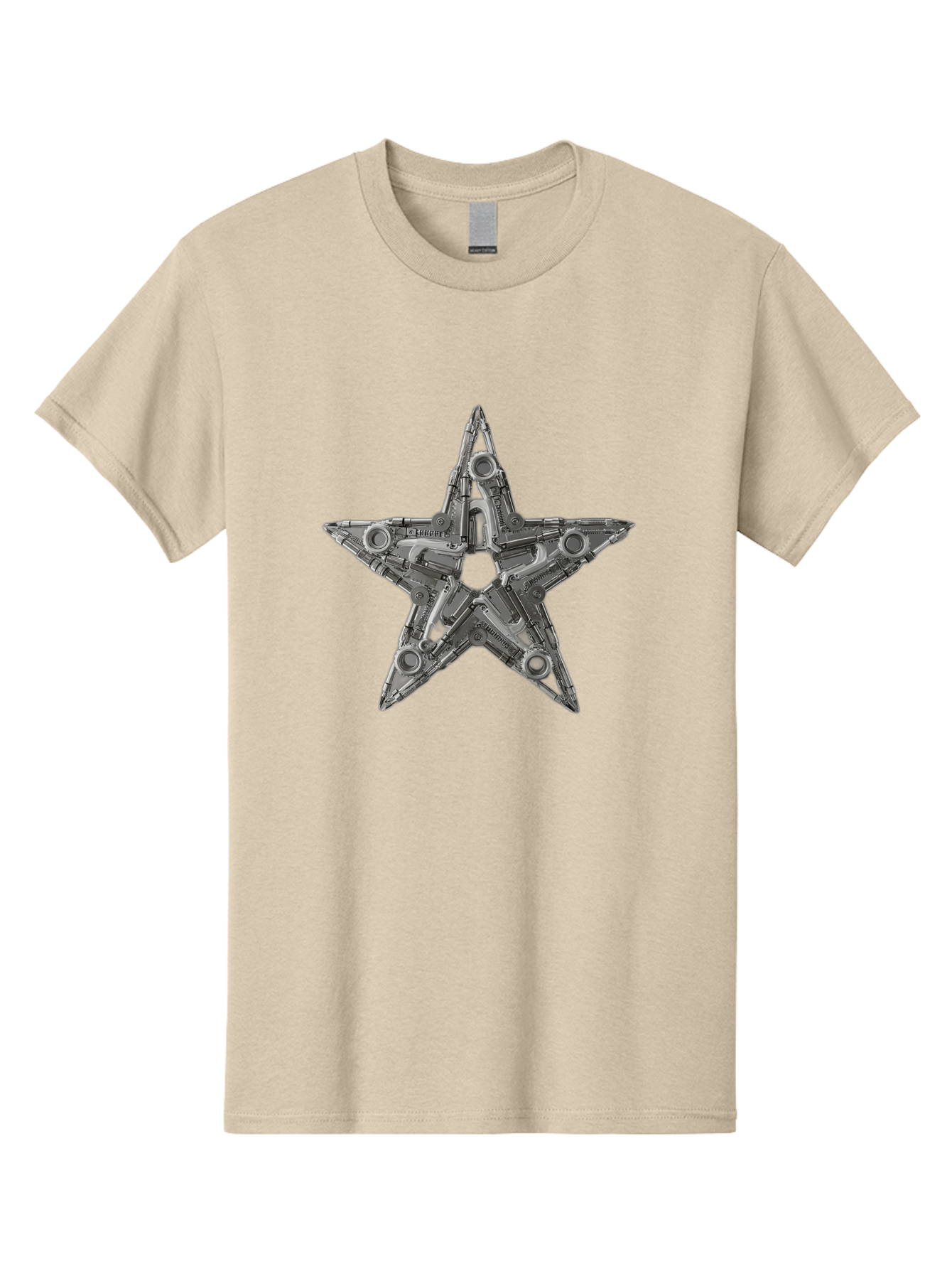 Star-Logo Men'S Graphic Tee, 100% Cotton, Comfortable Casual Summer Wear, Machine Washable, Metal Star Shape, Industrial Design, Mechanical Parts, Futuristic Elements, Metallic Details, Robotic Components, Sci-Fi Aesthetic, Star Symbol, Bad705