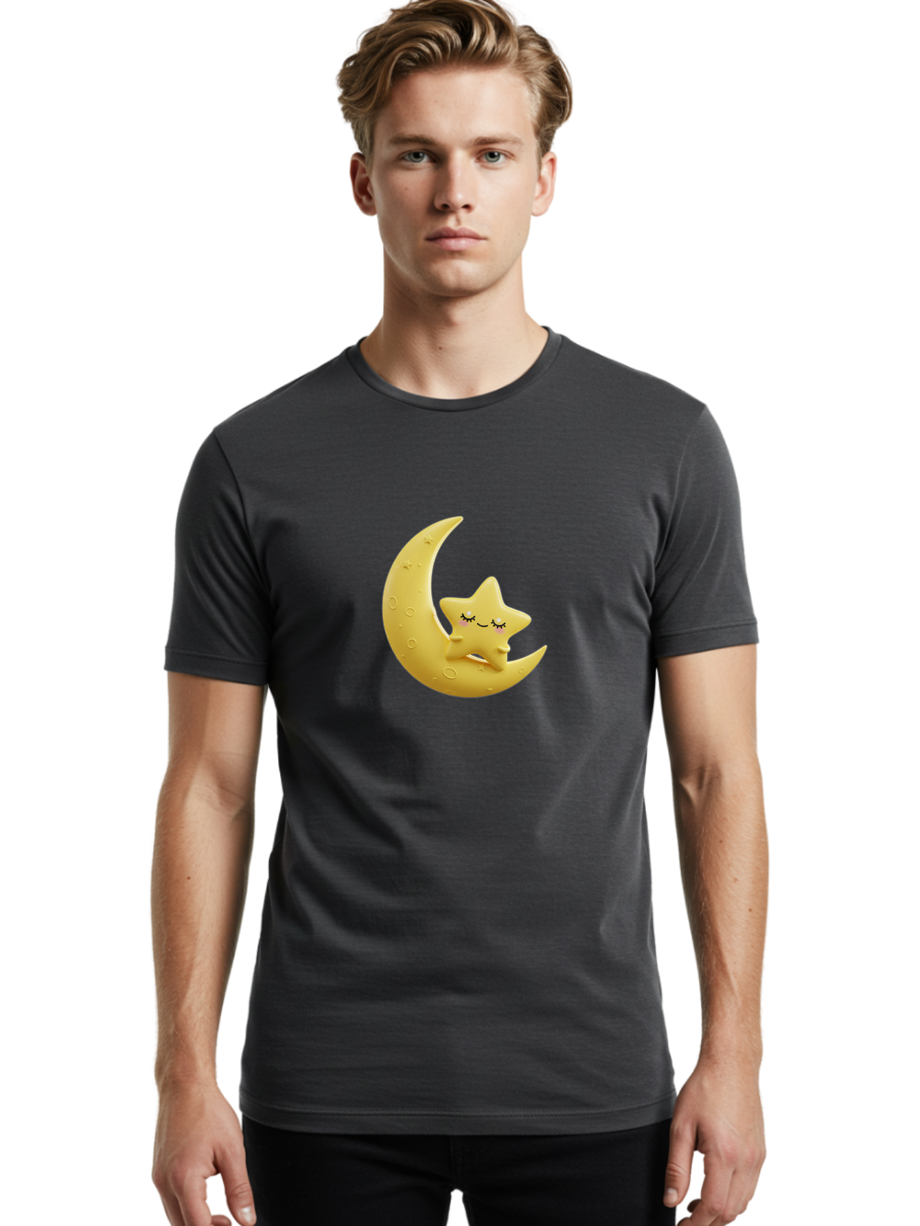 Star-Sleeping-On-Crescent-Moon Men'S Graphic Tee, 100% Cotton, Comfortable Casual Summer Wear, Machine Washable, Cute Star, Sleeping Star, Crescent Moon, Cartoon Character, Kawaii, Adorable, Whimsical Design, Dreamy, Nursery Decor, Yellow Hue, Bad706