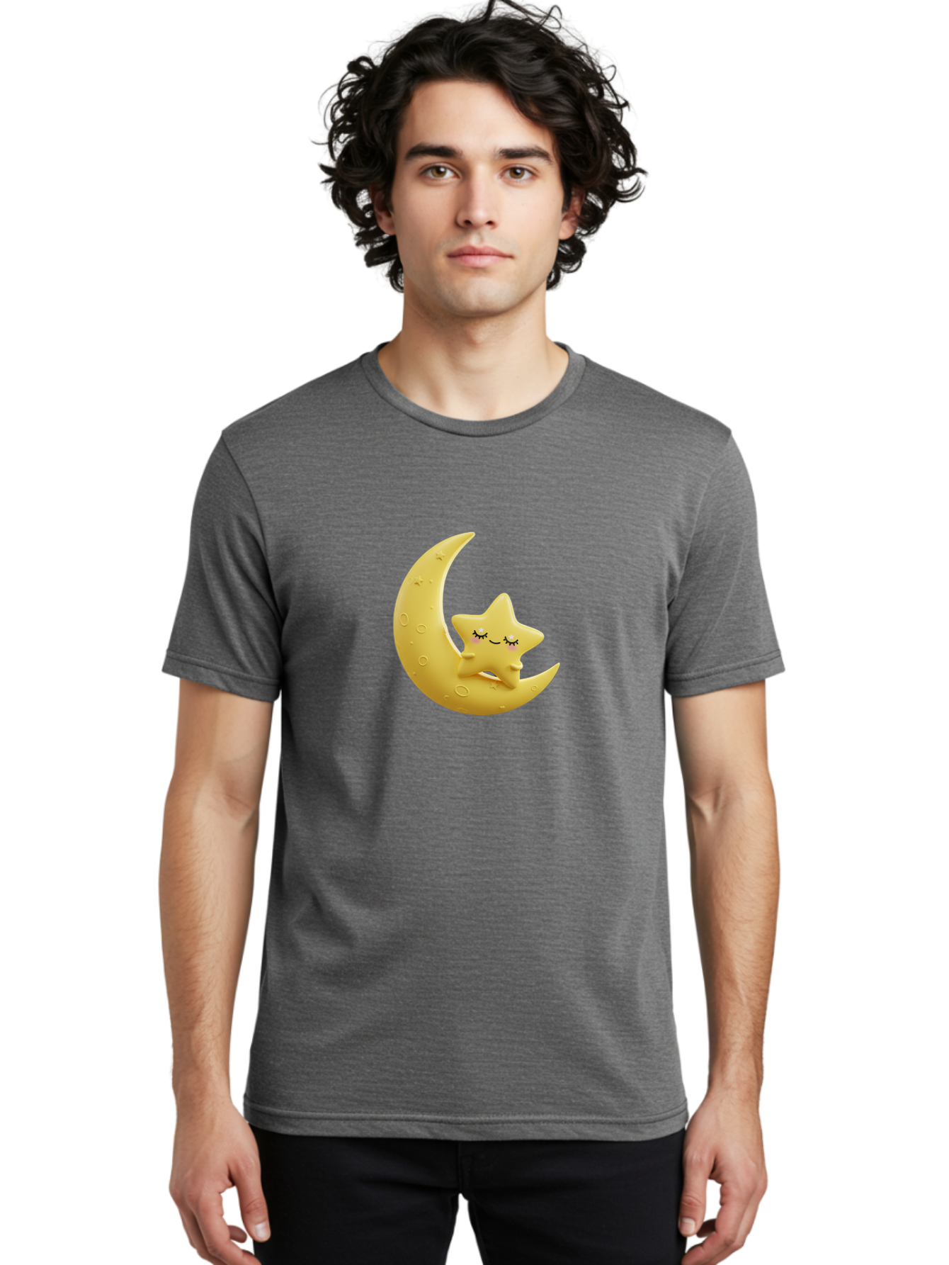 Star-Sleeping-On-Crescent-Moon Men'S Graphic Tee, 100% Cotton, Comfortable Casual Summer Wear, Machine Washable, Cute Star, Sleeping Star, Crescent Moon, Cartoon Character, Kawaii, Adorable, Whimsical Design, Dreamy, Nursery Decor, Yellow Hue, Bad706
