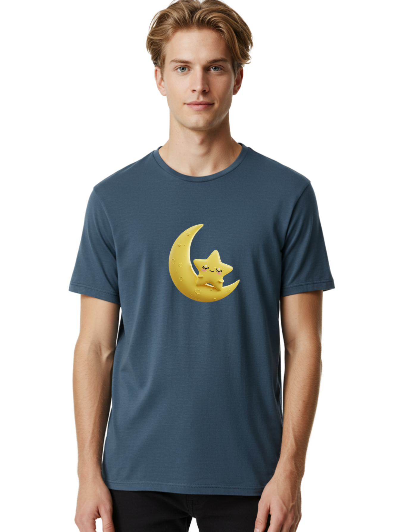 Star-Sleeping-On-Crescent-Moon Men'S Graphic Tee, 100% Cotton, Comfortable Casual Summer Wear, Machine Washable, Cute Star, Sleeping Star, Crescent Moon, Cartoon Character, Kawaii, Adorable, Whimsical Design, Dreamy, Nursery Decor, Yellow Hue, Bad706
