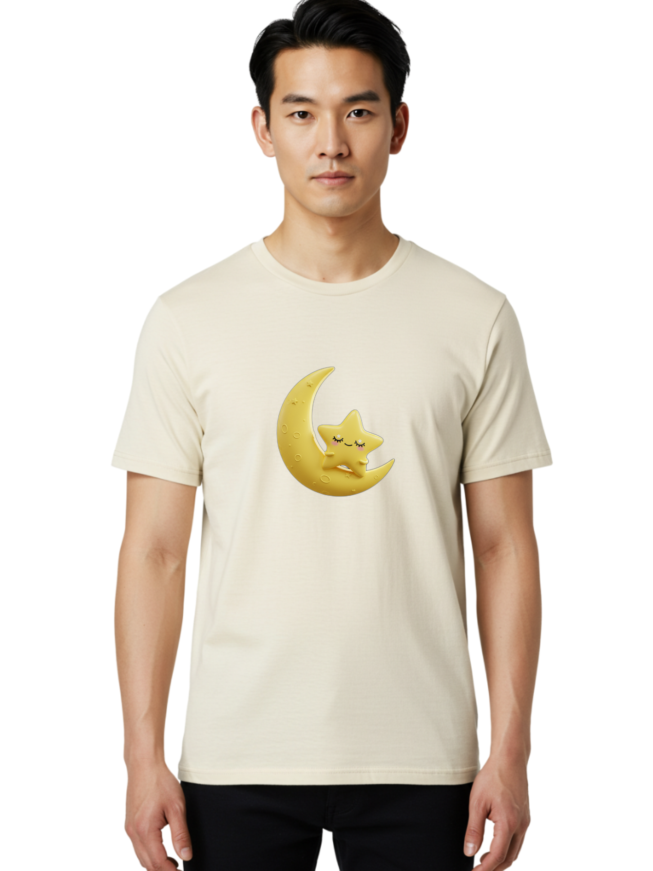 Star-Sleeping-On-Crescent-Moon Men'S Graphic Tee, 100% Cotton, Comfortable Casual Summer Wear, Machine Washable, Cute Star, Sleeping Star, Crescent Moon, Cartoon Character, Kawaii, Adorable, Whimsical Design, Dreamy, Nursery Decor, Yellow Hue, Bad706