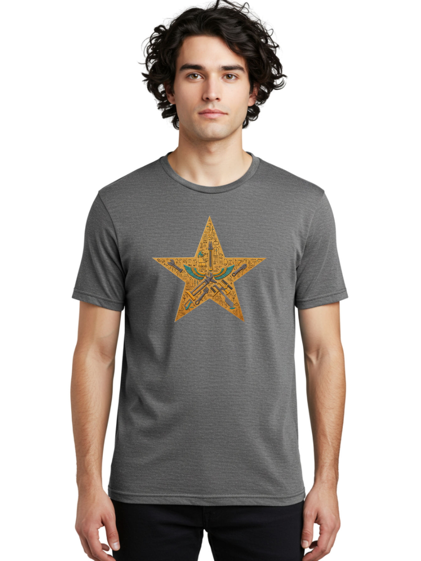 Star-With-Ancient-Egyptian-Symbols Men'S Graphic Tee, 100% Cotton, Comfortable Casual Summer Wear, Machine Washable, Ancient Egyptian Symbols, Was Sceptre, Winged Staff, Mystical Power, Historical Significance, Esoteric Knowledge, Bad707