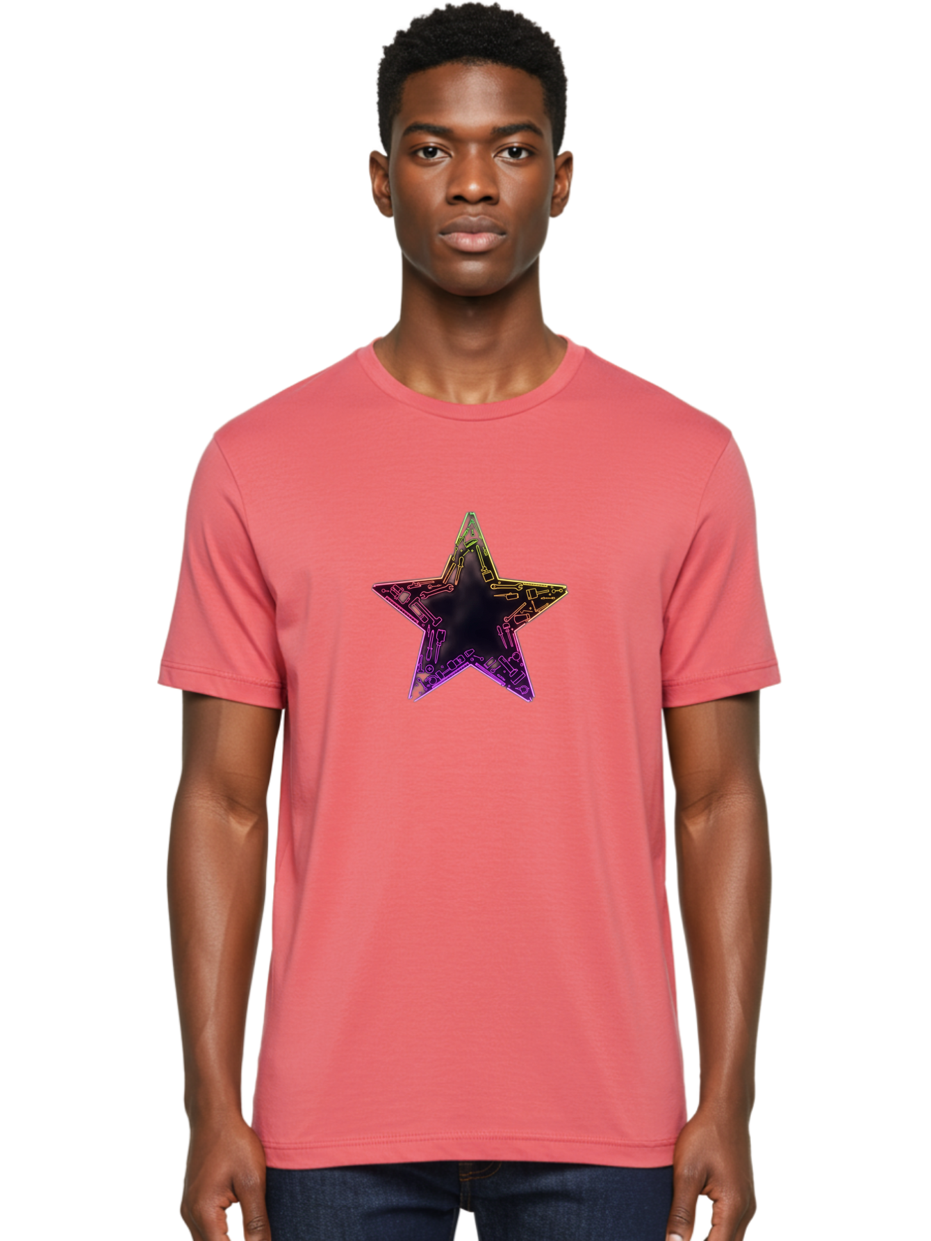 Star Men'S Graphic Tee, 100% Cotton, Comfortable Casual Summer Wear, Machine Washable, Five-Pointed Star, Iridescent Sheen, Holographic Effect, Black Center, Purple And Gold Outline, Steampunk-Inspired Design, Clockwork Mechanisms, Futuristic, Bad708