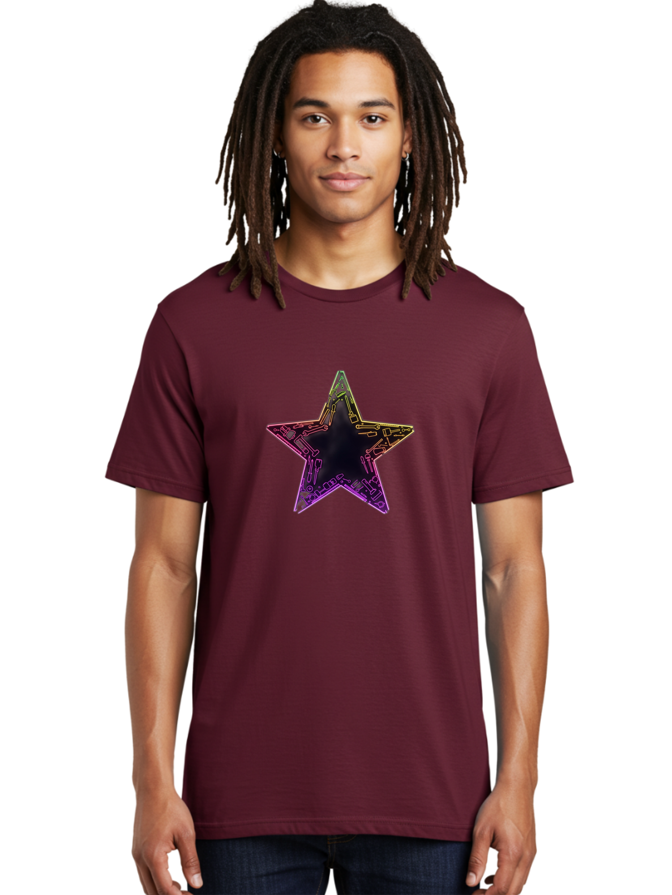 Star Men'S Graphic Tee, 100% Cotton, Comfortable Casual Summer Wear, Machine Washable, Five-Pointed Star, Iridescent Sheen, Holographic Effect, Black Center, Purple And Gold Outline, Steampunk-Inspired Design, Clockwork Mechanisms, Futuristic, Bad708