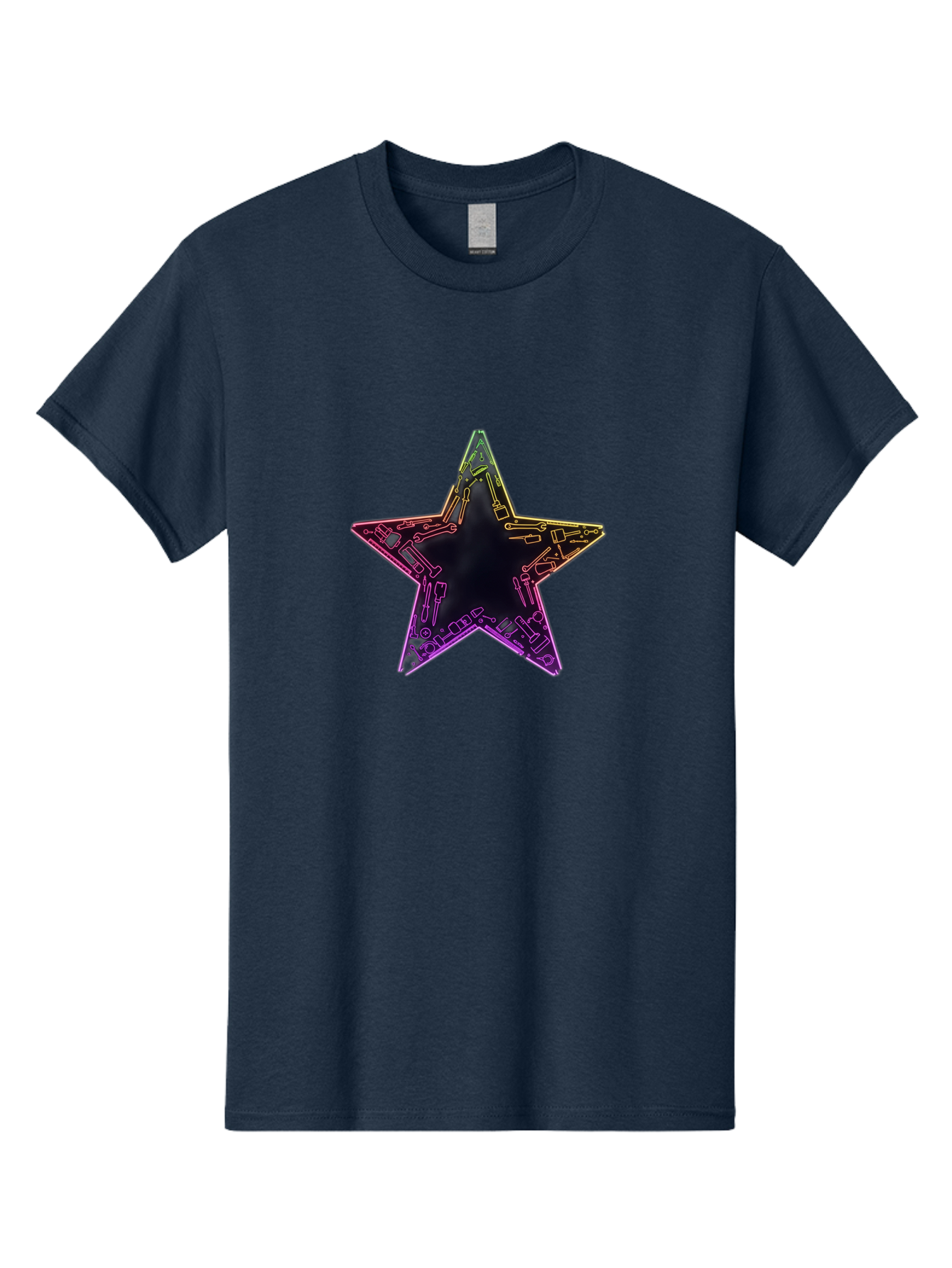 Star Men'S Graphic Tee, 100% Cotton, Comfortable Casual Summer Wear, Machine Washable, Five-Pointed Star, Iridescent Sheen, Holographic Effect, Black Center, Purple And Gold Outline, Steampunk-Inspired Design, Clockwork Mechanisms, Futuristic, Bad708