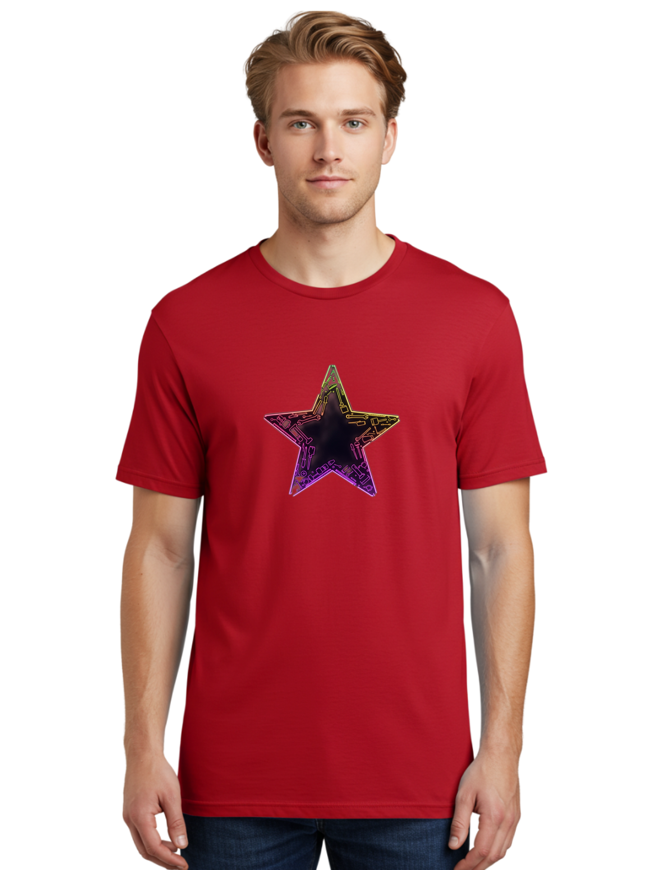 Star Men'S Graphic Tee, 100% Cotton, Comfortable Casual Summer Wear, Machine Washable, Five-Pointed Star, Iridescent Sheen, Holographic Effect, Black Center, Purple And Gold Outline, Steampunk-Inspired Design, Clockwork Mechanisms, Futuristic, Bad708