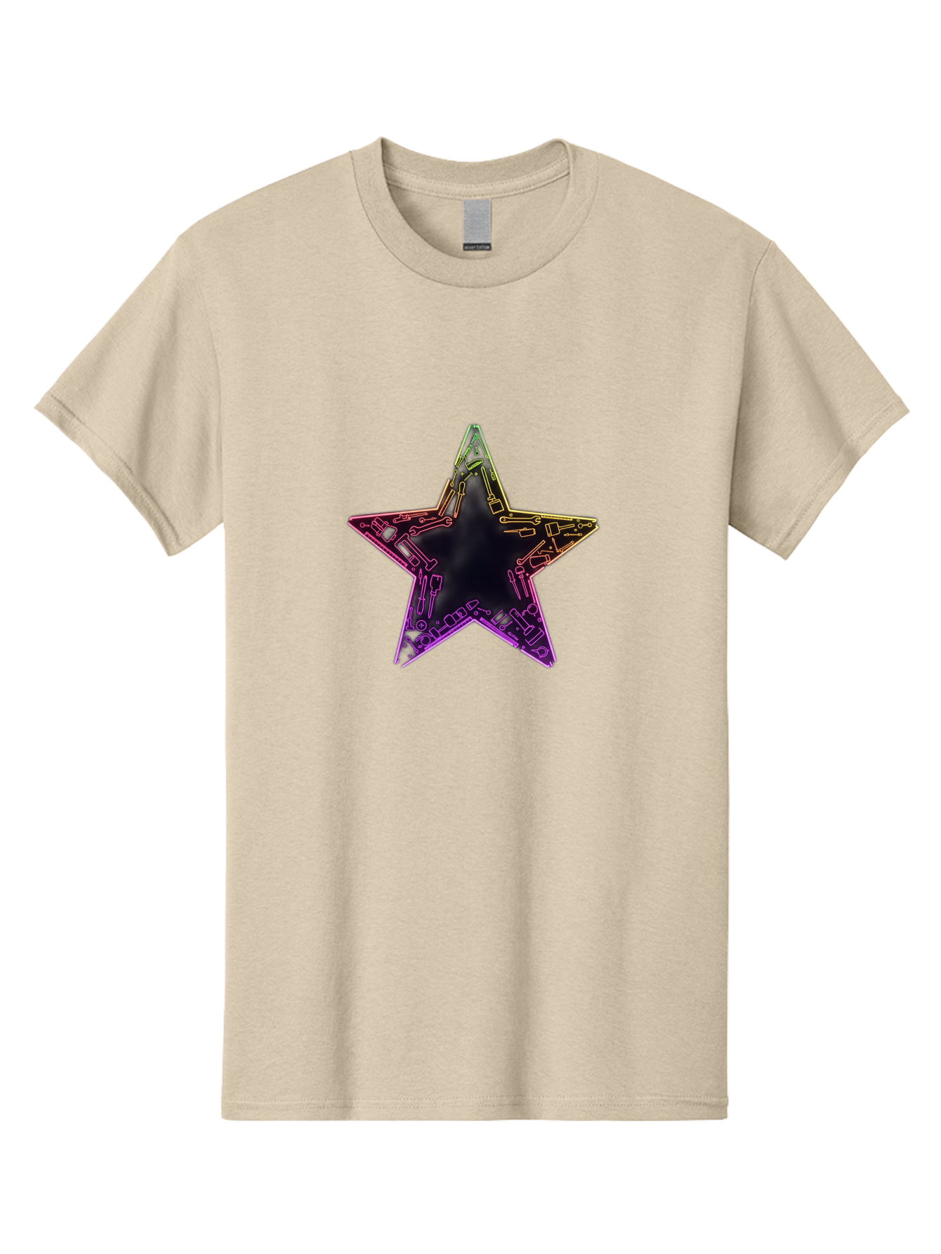 Star Men'S Graphic Tee, 100% Cotton, Comfortable Casual Summer Wear, Machine Washable, Five-Pointed Star, Iridescent Sheen, Holographic Effect, Black Center, Purple And Gold Outline, Steampunk-Inspired Design, Clockwork Mechanisms, Futuristic, Bad708