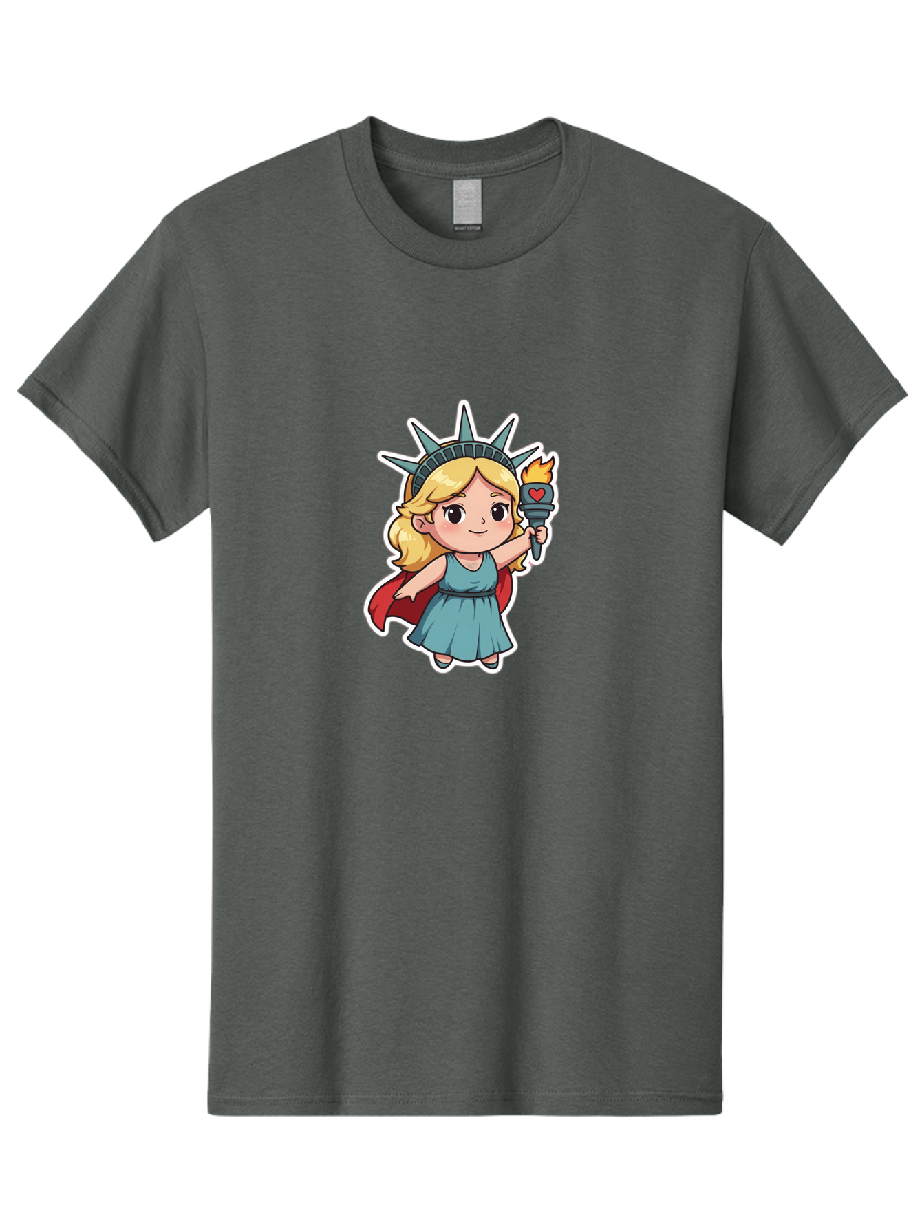 Statue-Of-Liberty-Girl Men'S Graphic Tee, 100% Cotton, Comfortable Casual Summer Wear, Machine Washable, Cute Cartoon Character, Girl Wearing Statue Of Liberty Crown, Holding Torch With Heart, Blue Dress, Red Cape, Blonde Hair, Kawaii Style, Bad711