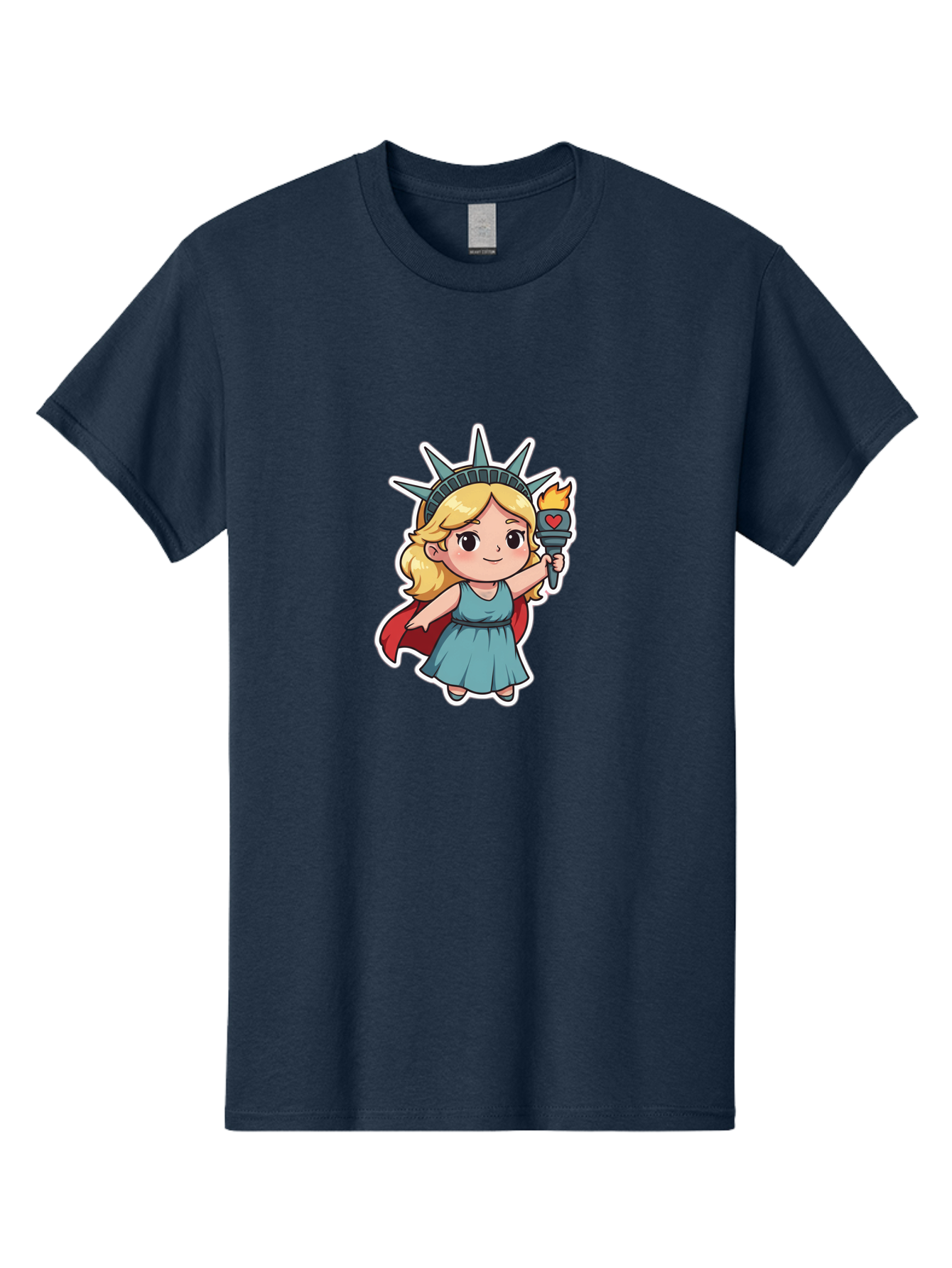 Statue-Of-Liberty-Girl Men'S Graphic Tee, 100% Cotton, Comfortable Casual Summer Wear, Machine Washable, Cute Cartoon Character, Girl Wearing Statue Of Liberty Crown, Holding Torch With Heart, Blue Dress, Red Cape, Blonde Hair, Kawaii Style, Bad711