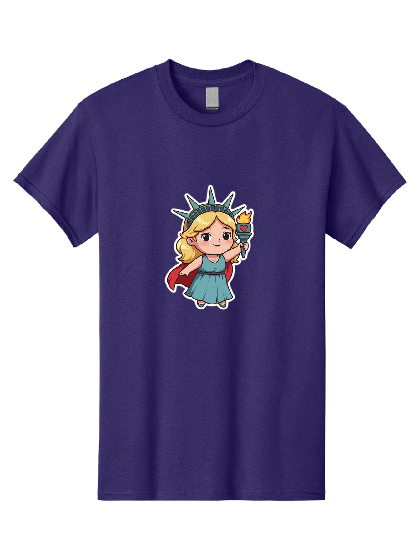 Statue-Of-Liberty-Girl Men'S Graphic Tee, 100% Cotton, Comfortable Casual Summer Wear, Machine Washable, Cute Cartoon Character, Girl Wearing Statue Of Liberty Crown, Holding Torch With Heart, Blue Dress, Red Cape, Blonde Hair, Kawaii Style, Bad711