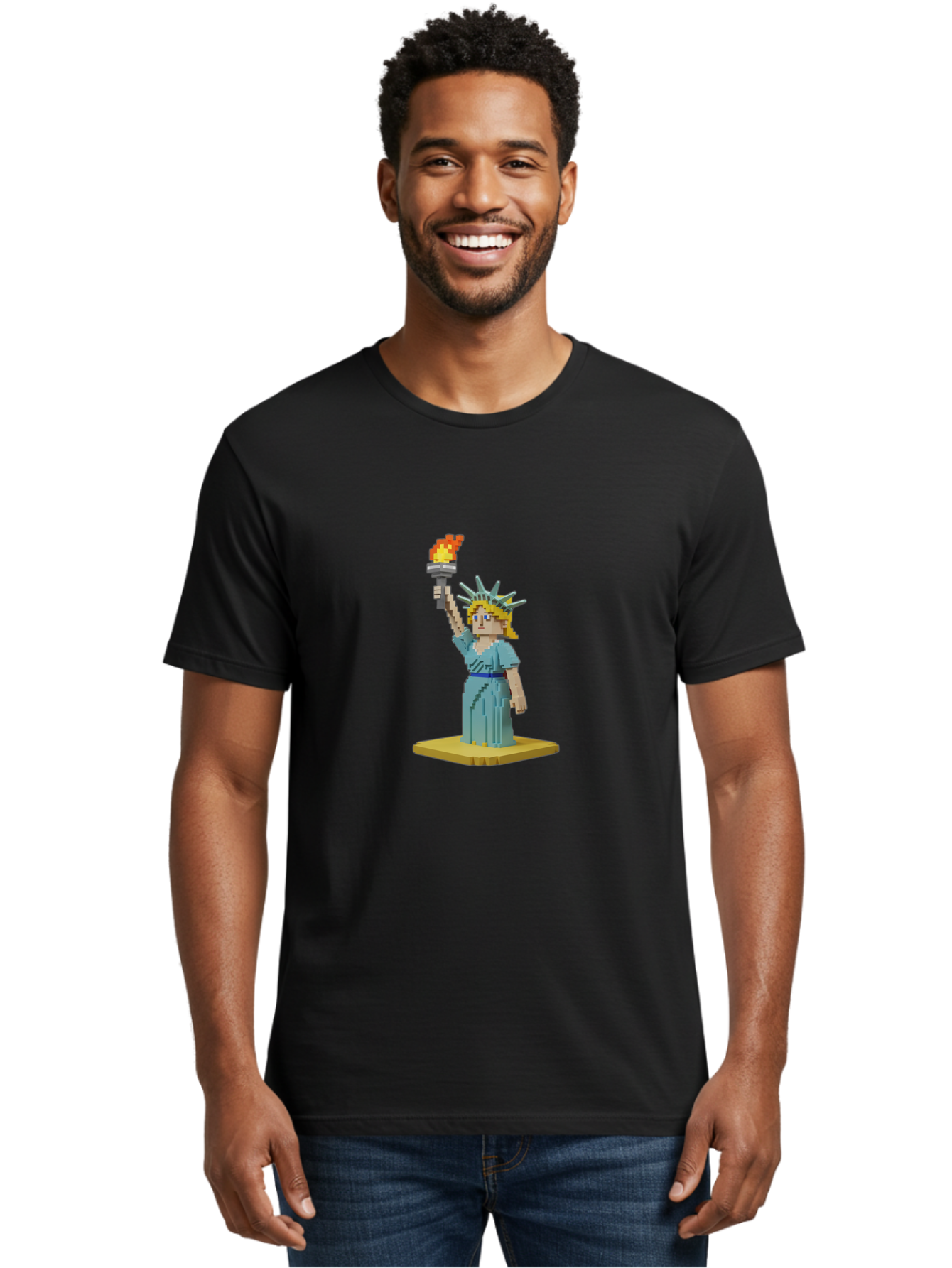 Statue-Of-Liberty Men'S Graphic Tee, 100% Cotton, Comfortable Casual Summer Wear, Machine Washable, Statue Of Liberty, Liberty Statue, Lady Liberty, Iconic Landmark, Freedom Symbol, American Icon, New York Harbor, Torch Held High, Pixel Art, Bad712