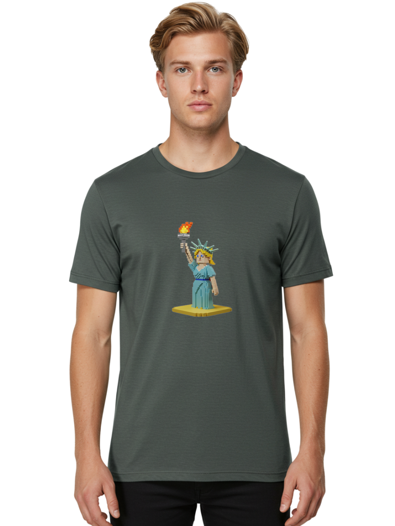 Statue-Of-Liberty Men'S Graphic Tee, 100% Cotton, Comfortable Casual Summer Wear, Machine Washable, Statue Of Liberty, Liberty Statue, Lady Liberty, Iconic Landmark, Freedom Symbol, American Icon, New York Harbor, Torch Held High, Pixel Art, Bad712