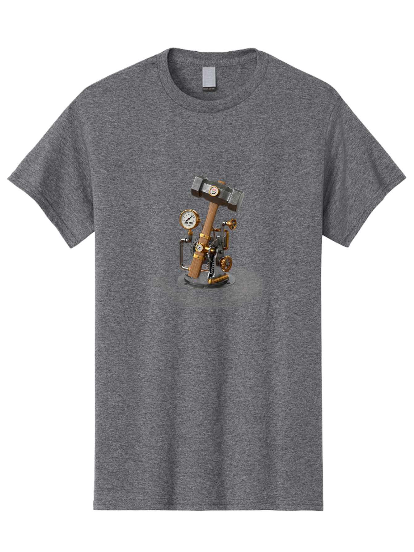 Steampunk-Device-With-Hammer Men'S Graphic Tee, 100% Cotton, Comfortable Casual Summer Wear, Machine Washable, Steampunk, Industrial Design, Mechanical Art, Clockwork Mechanism, Hammers, Pressure Gauge, Metallic Details, Vintage Machinery Bad713