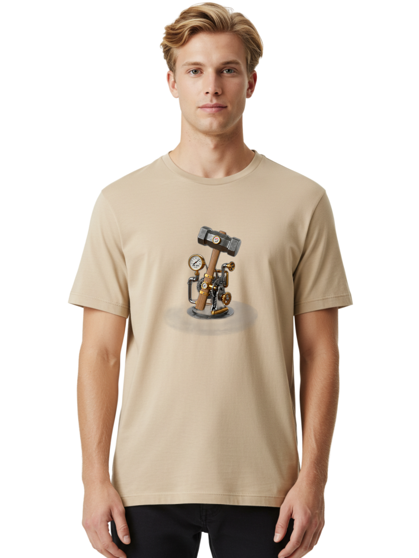 Steampunk-Device-With-Hammer Men'S Graphic Tee, 100% Cotton, Comfortable Casual Summer Wear, Machine Washable, Steampunk, Industrial Design, Mechanical Art, Clockwork Mechanism, Hammers, Pressure Gauge, Metallic Details, Vintage Machinery Bad713