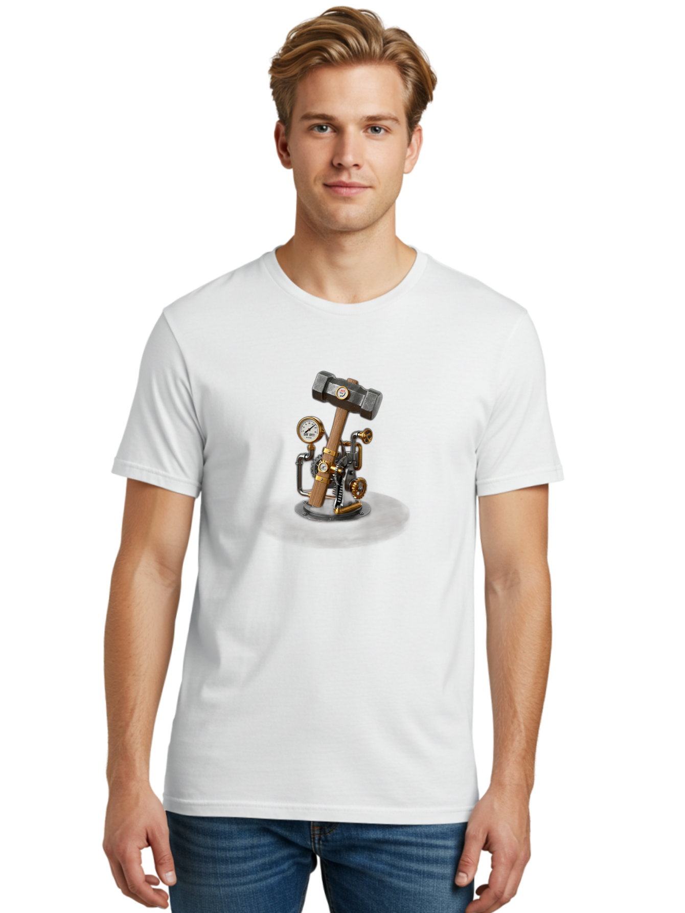 Steampunk-Device-With-Hammer Men'S Graphic Tee, 100% Cotton, Comfortable Casual Summer Wear, Machine Washable, Steampunk, Industrial Design, Mechanical Art, Clockwork Mechanism, Hammers, Pressure Gauge, Metallic Details, Vintage Machinery Bad713