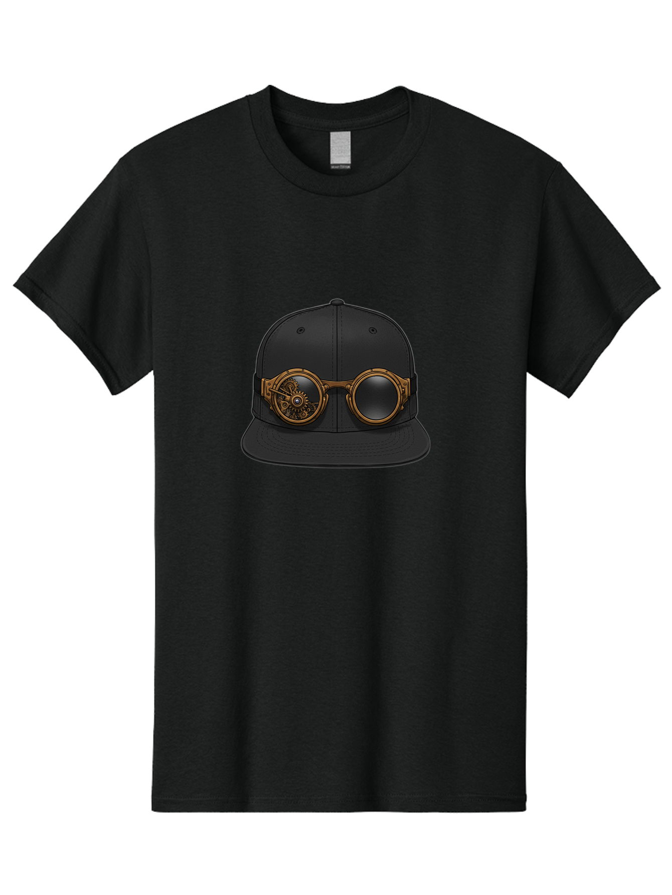 Steampunk-Goggles-Cap Men'S Graphic Tee, 100% Cotton, Comfortable Casual Summer Wear, Machine Washable, Steampunk Goggles On Cap, Steampunk Fashion, Goggles Accessory, Black Baseball Cap, Steampunk Style, Vintage Eyewear, Bad714