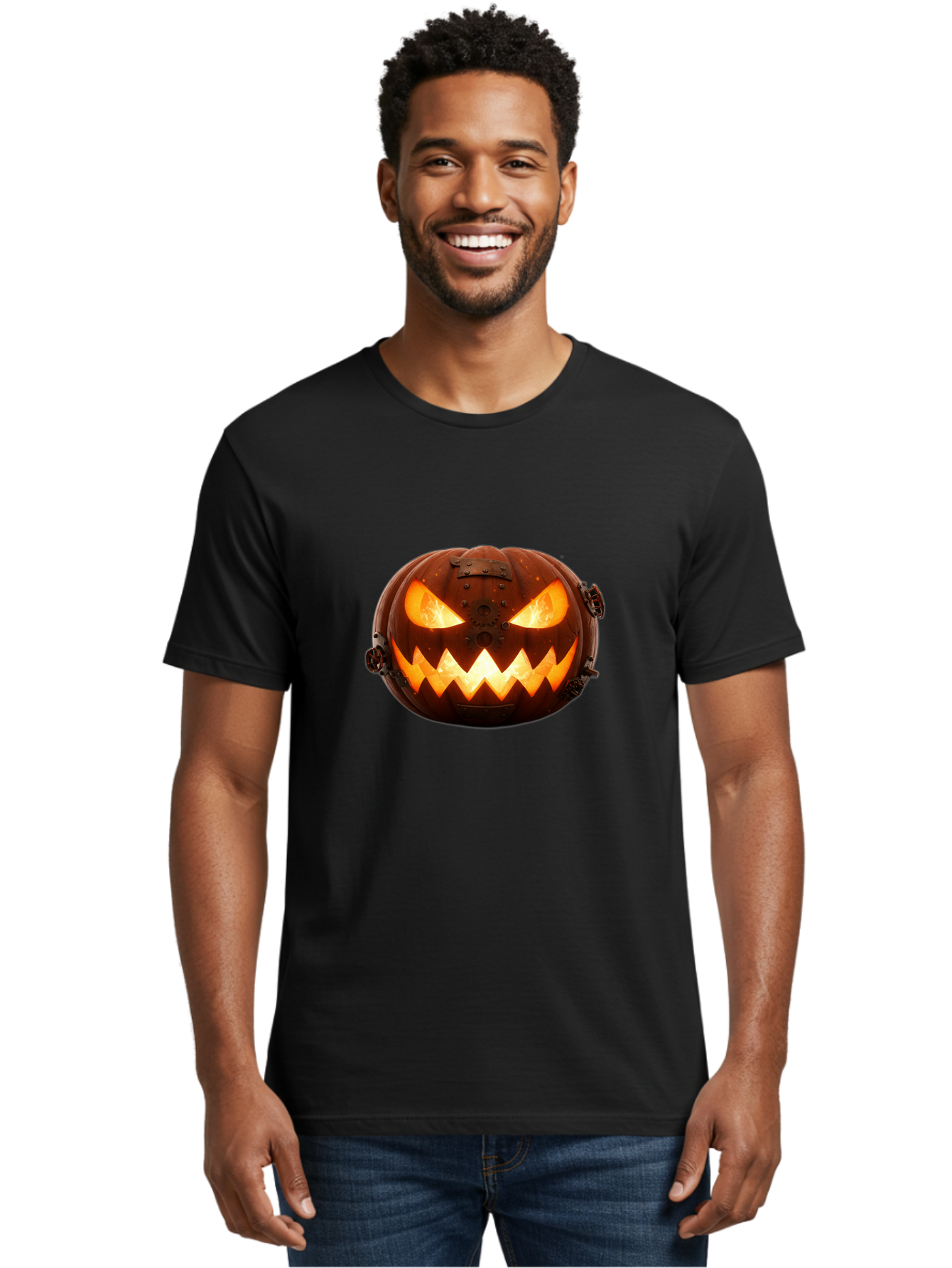 Steampunk-Jack-O-Lantern Men'S Graphic Tee, 100% Cotton, Comfortable Casual Summer Wear, Machine Washable, Halloween Pumpkin, Steampunk Design, Carved Jack-O-Lantern, Glowing Eyes, Metal Accents, Creepy Smile, Orange Glow, Spooky Decor, Bad716