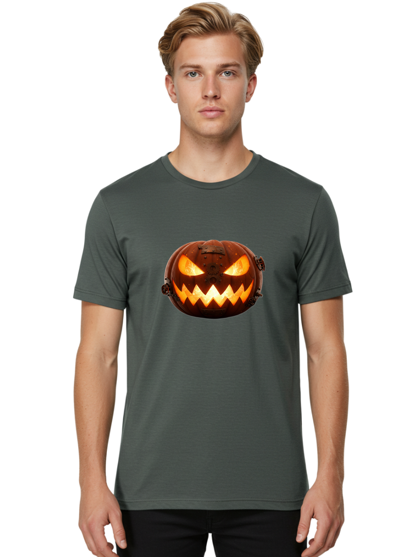 Steampunk-Jack-O-Lantern Men'S Graphic Tee, 100% Cotton, Comfortable Casual Summer Wear, Machine Washable, Halloween Pumpkin, Steampunk Design, Carved Jack-O-Lantern, Glowing Eyes, Metal Accents, Creepy Smile, Orange Glow, Spooky Decor, Bad716