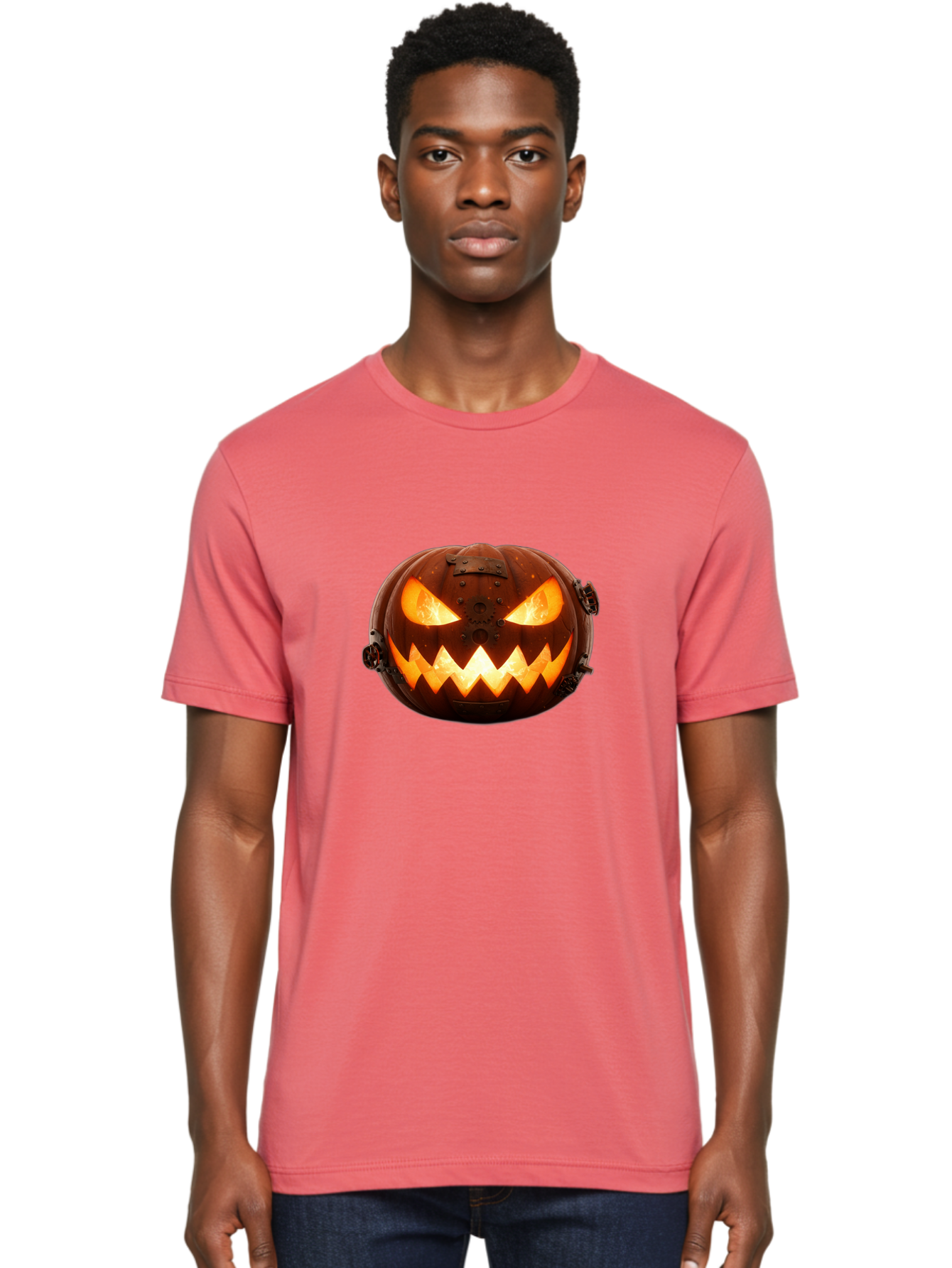Steampunk-Jack-O-Lantern Men'S Graphic Tee, 100% Cotton, Comfortable Casual Summer Wear, Machine Washable, Halloween Pumpkin, Steampunk Design, Carved Jack-O-Lantern, Glowing Eyes, Metal Accents, Creepy Smile, Orange Glow, Spooky Decor, Bad716