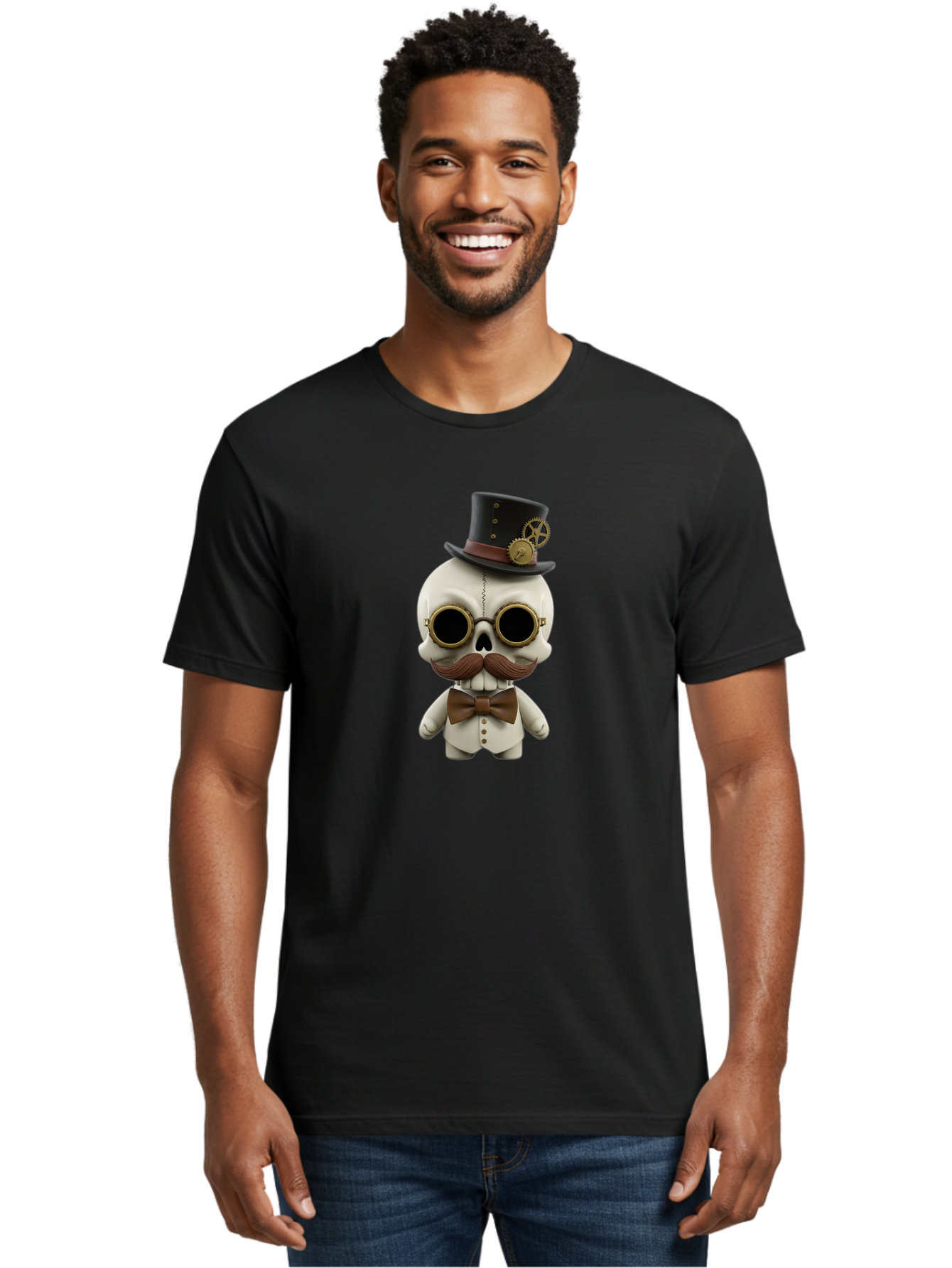 Steampunk-Skeleton Men'S Graphic Tee, 100% Cotton, Comfortable Casual Summer Wear, Machine Washable, Steampunk Skull, Skeleton Character, Vintage Goggles, Top Hat, Bow Tie, Mechanical Gear, Steampunk Style, Gothic Fashion, Unique Accessory, Bad719