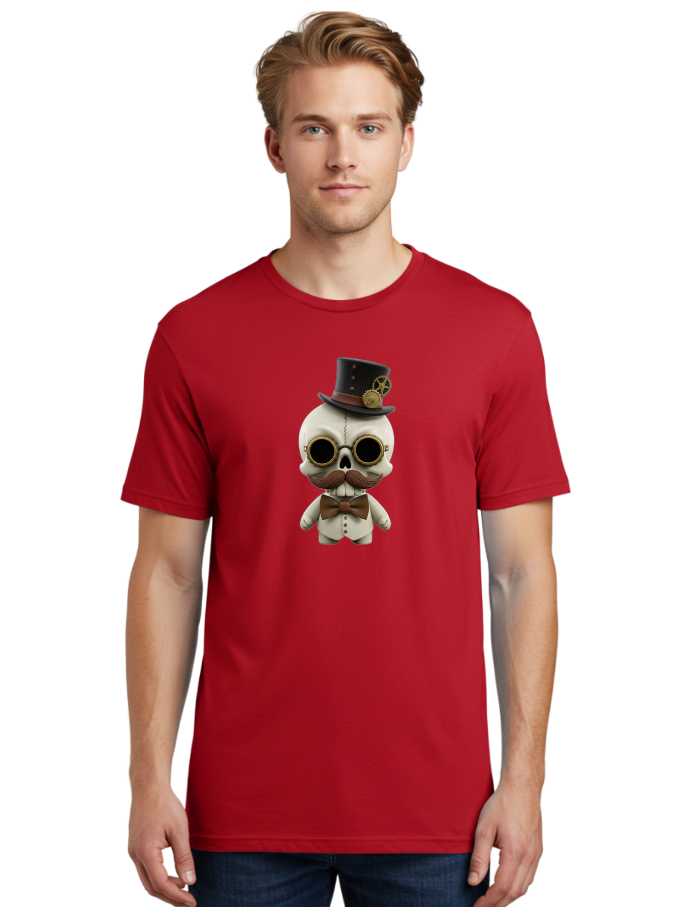 Steampunk-Skeleton Men'S Graphic Tee, 100% Cotton, Comfortable Casual Summer Wear, Machine Washable, Steampunk Skull, Skeleton Character, Vintage Goggles, Top Hat, Bow Tie, Mechanical Gear, Steampunk Style, Gothic Fashion, Unique Accessory, Bad719