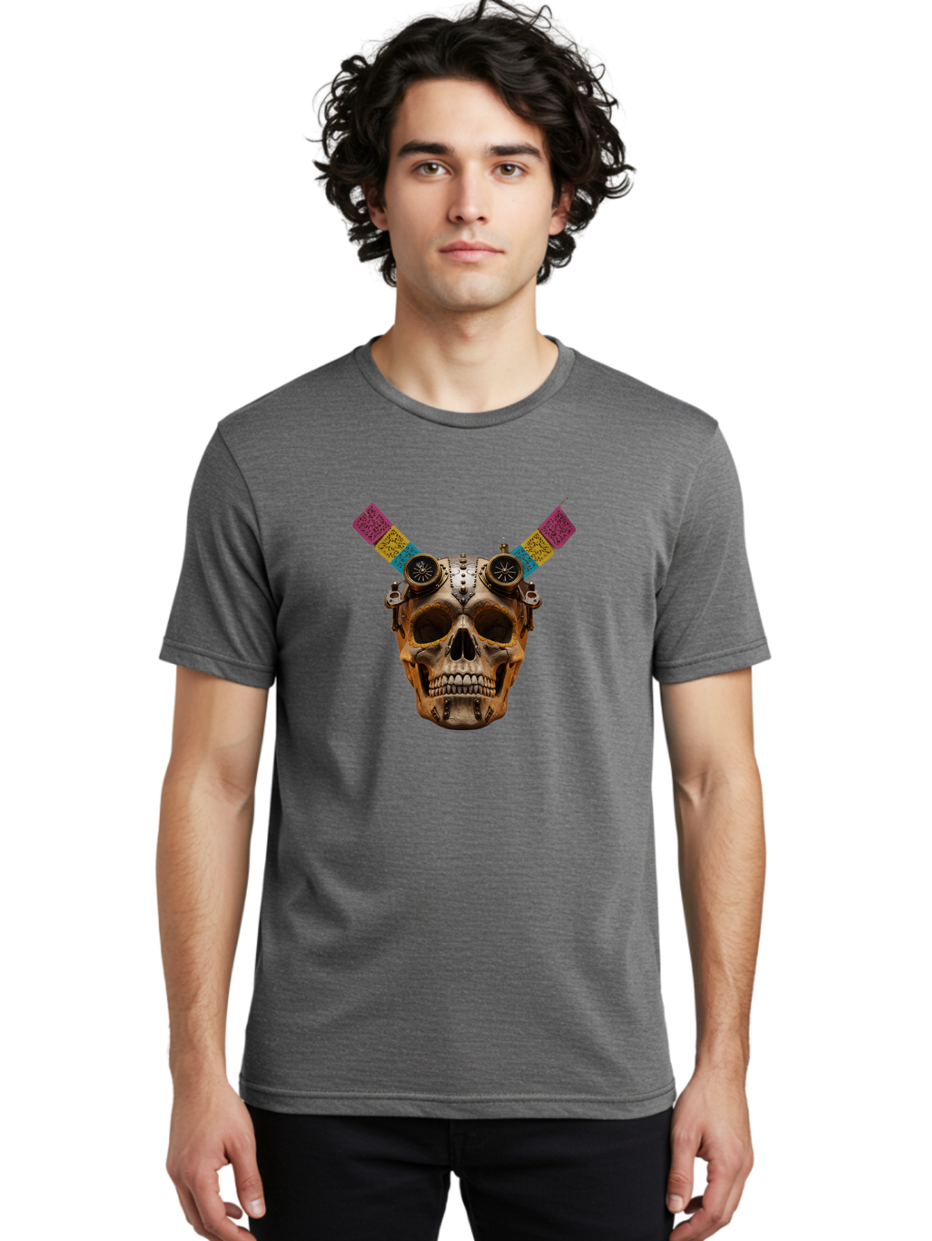 Steampunk-Skull Men'S Graphic Tee, 100% Cotton, Comfortable Casual Summer Wear, Machine Washable, Steampunk Artwork, Skull With Goggles, Mechanical Components, Colorful Banners, Day Of The Dead, Steampunk Fashion, Alternative Art, Bad720