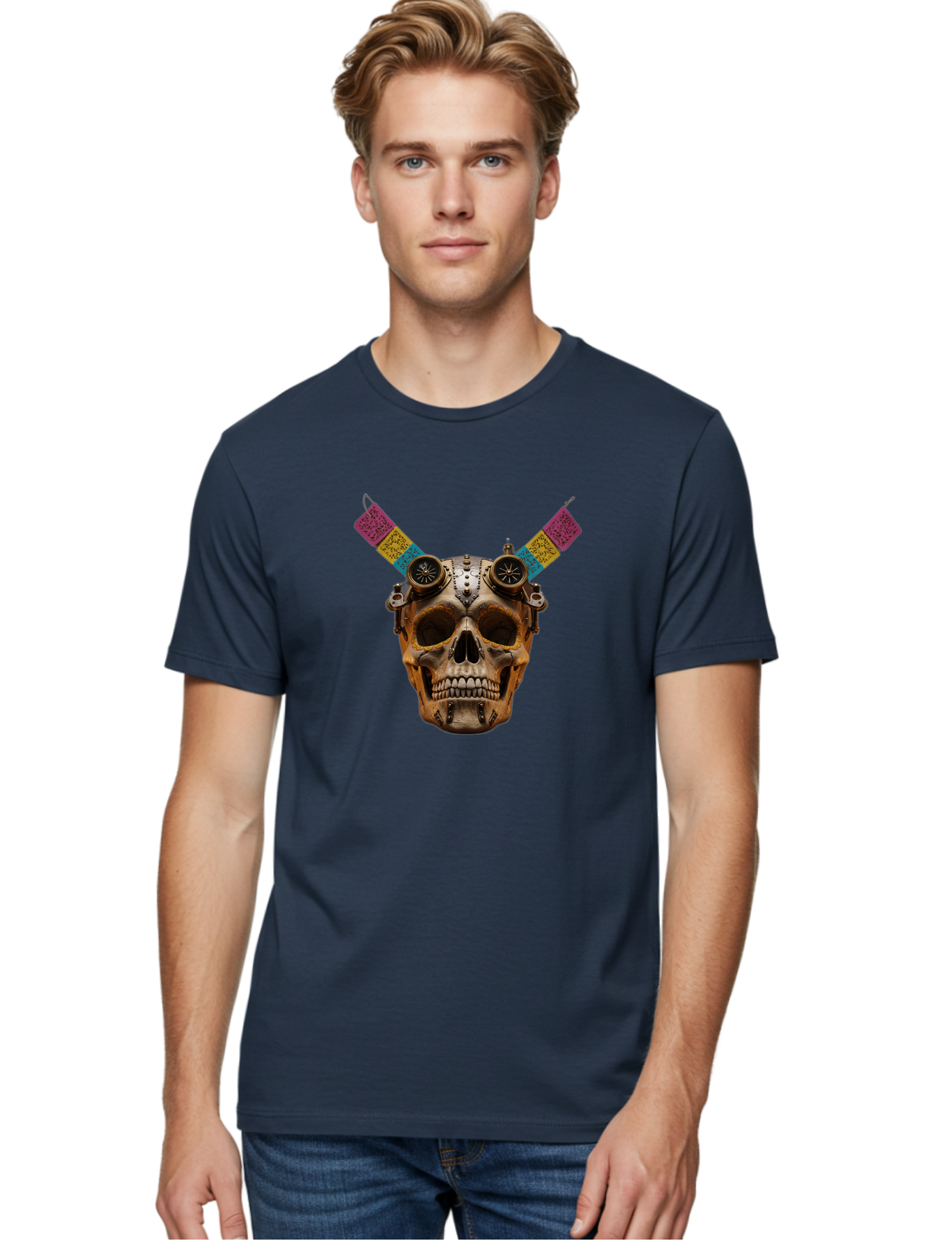 Steampunk-Skull Men'S Graphic Tee, 100% Cotton, Comfortable Casual Summer Wear, Machine Washable, Steampunk Artwork, Skull With Goggles, Mechanical Components, Colorful Banners, Day Of The Dead, Steampunk Fashion, Alternative Art, Bad720